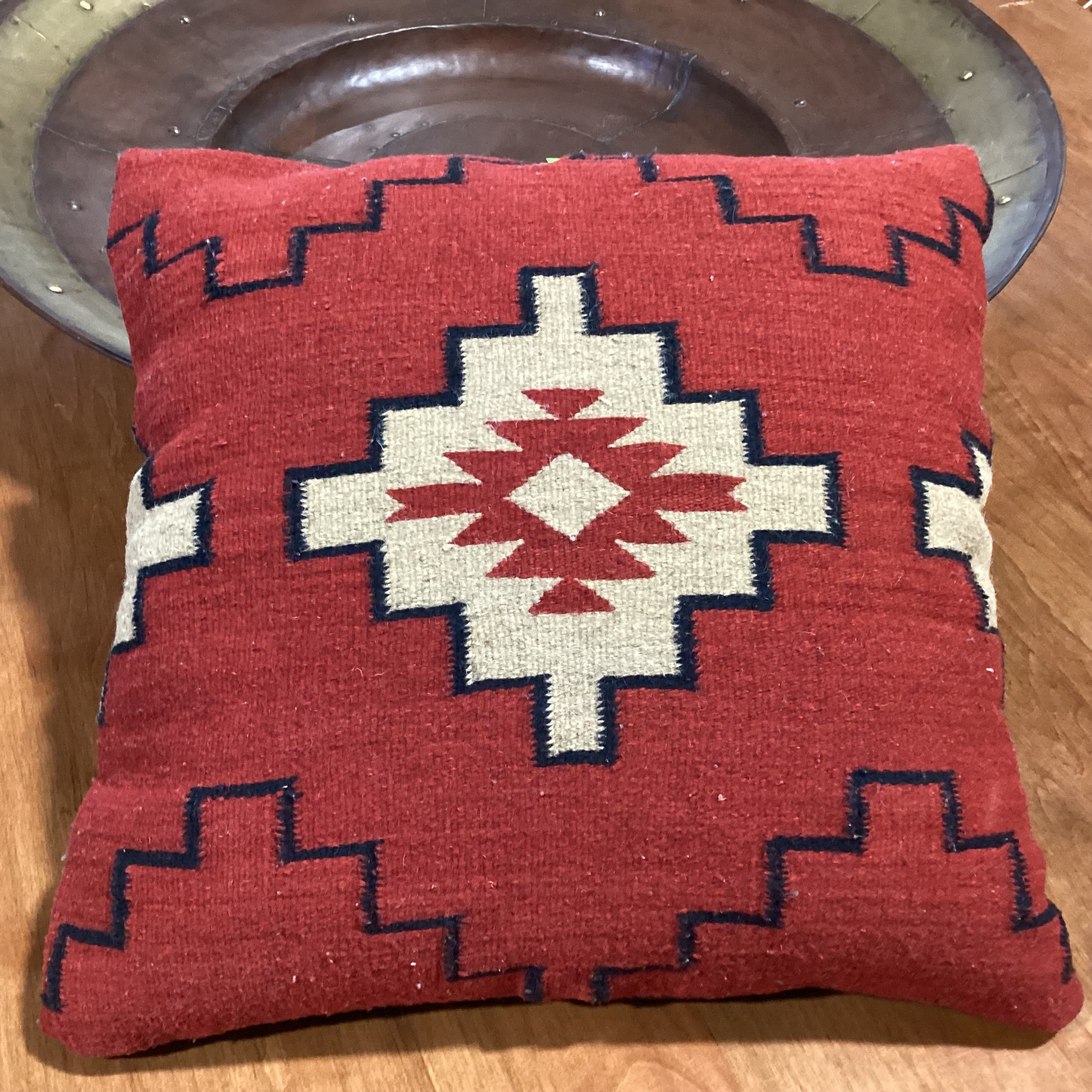 Native American Red Black Tan Hand Woven Wool Accent Pillow 20"x 20"