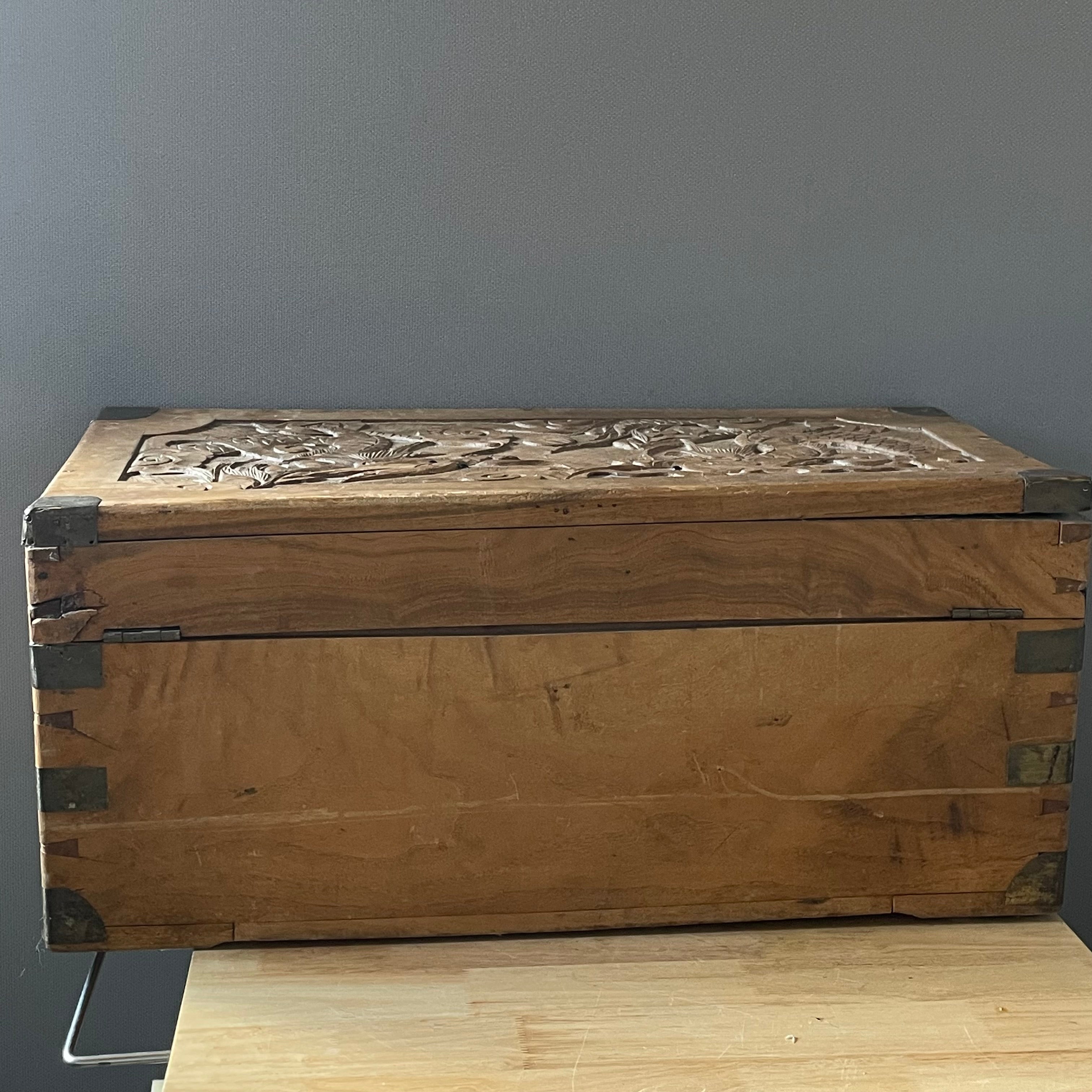 Vintage Carved Dragons Asian Style Rustic Trunk, 27"x 13"x 12"Dragons