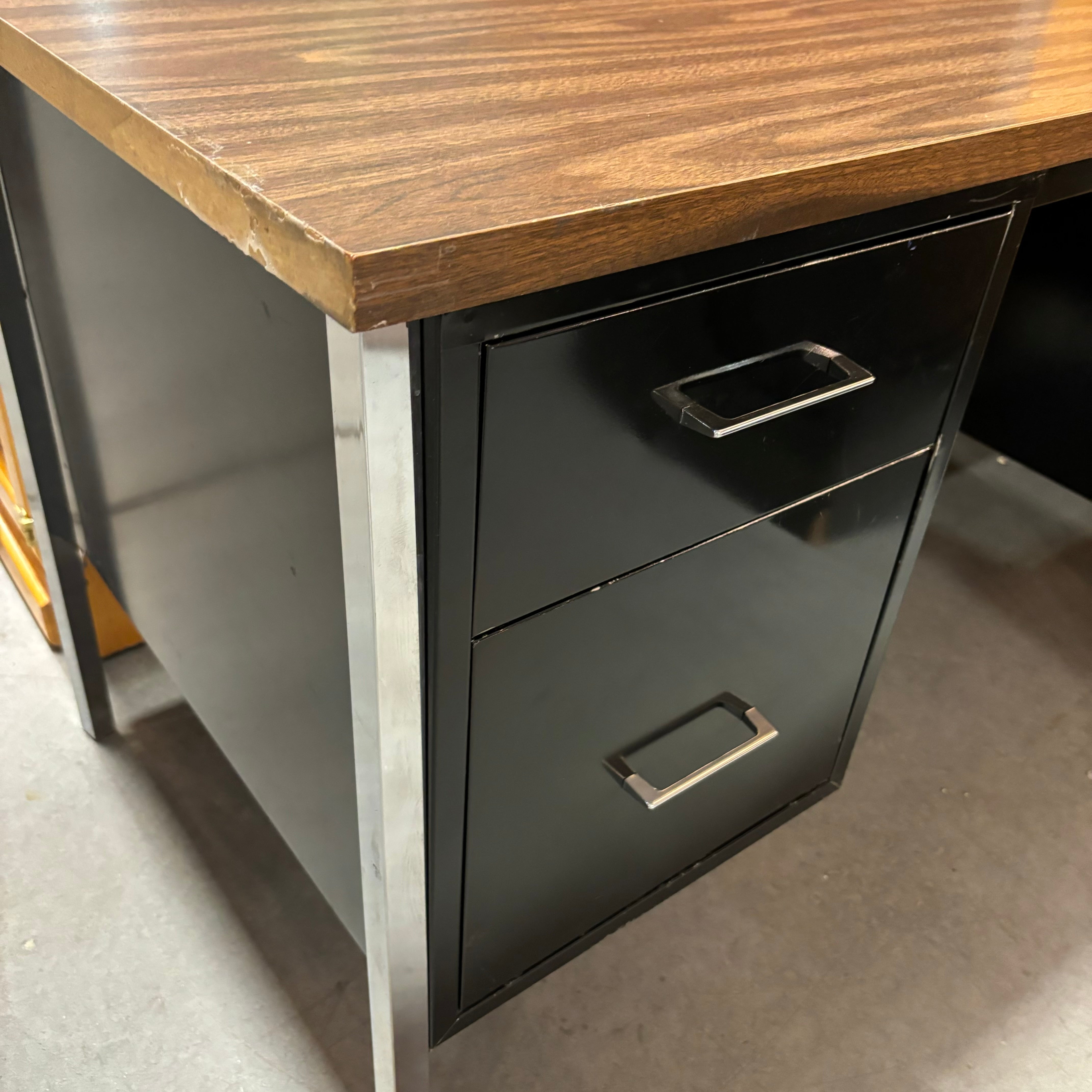 Dark Wood Veneer & Black Steel Base 4 Drawer with Center Pullout Desk 55"x 26"x 29"