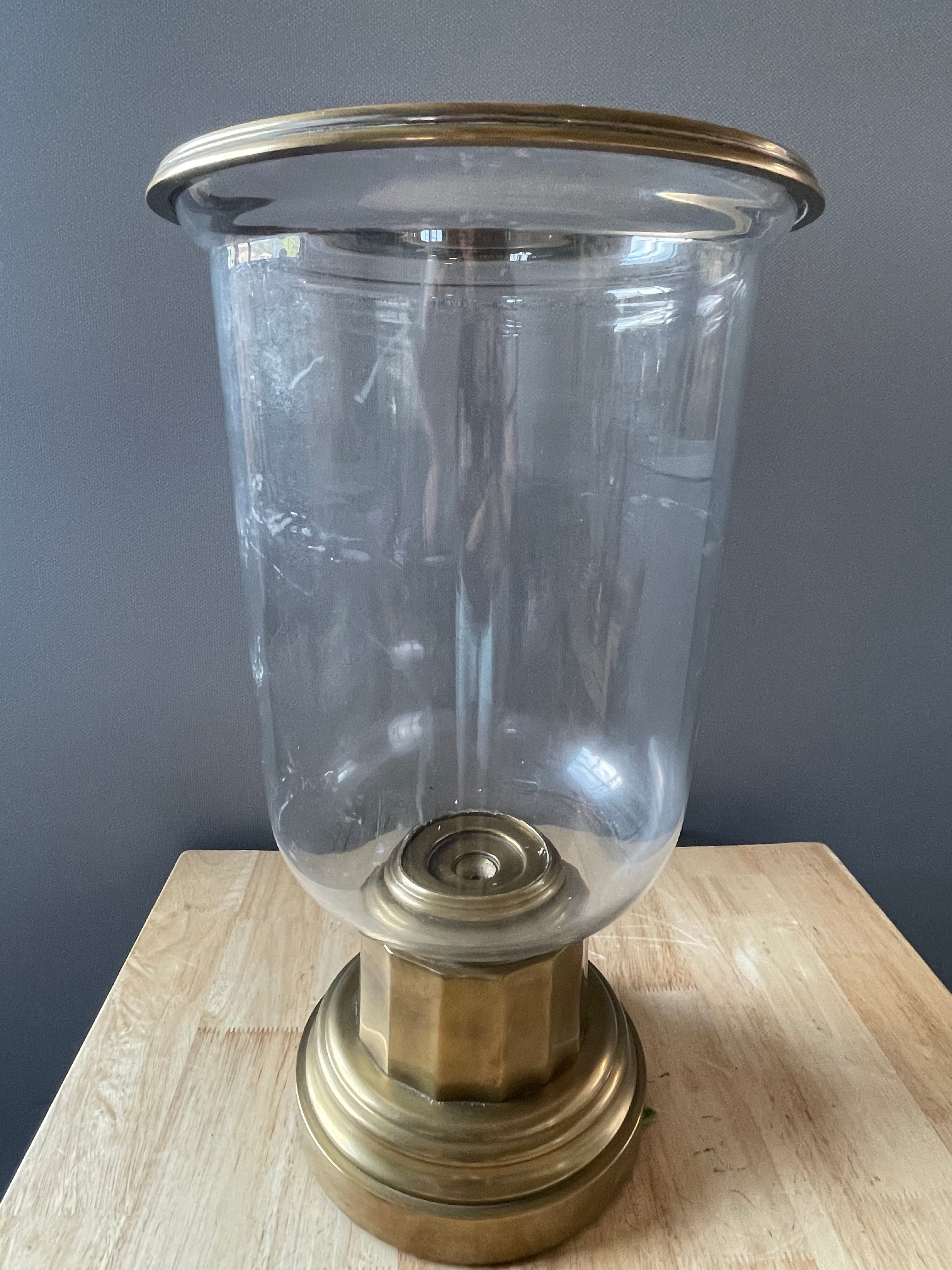 Set of 2 Classic Brass/Glass Pillar Hurricane Candle Holders