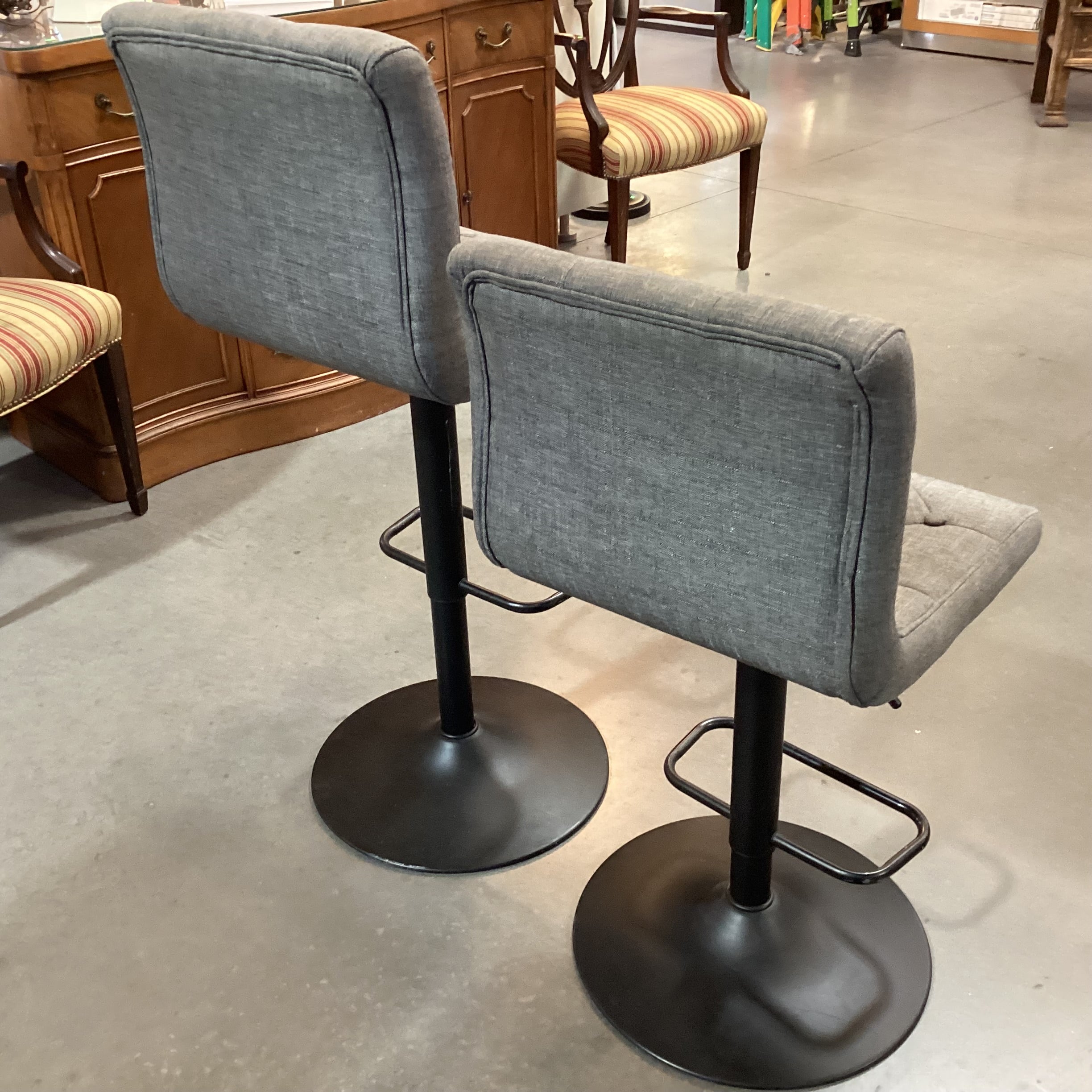 SET of 2 Worldwide Home Furnishings Grey Button Tufted Linen & Black Pedestal Adjustable Height Barstools 25" to 31"