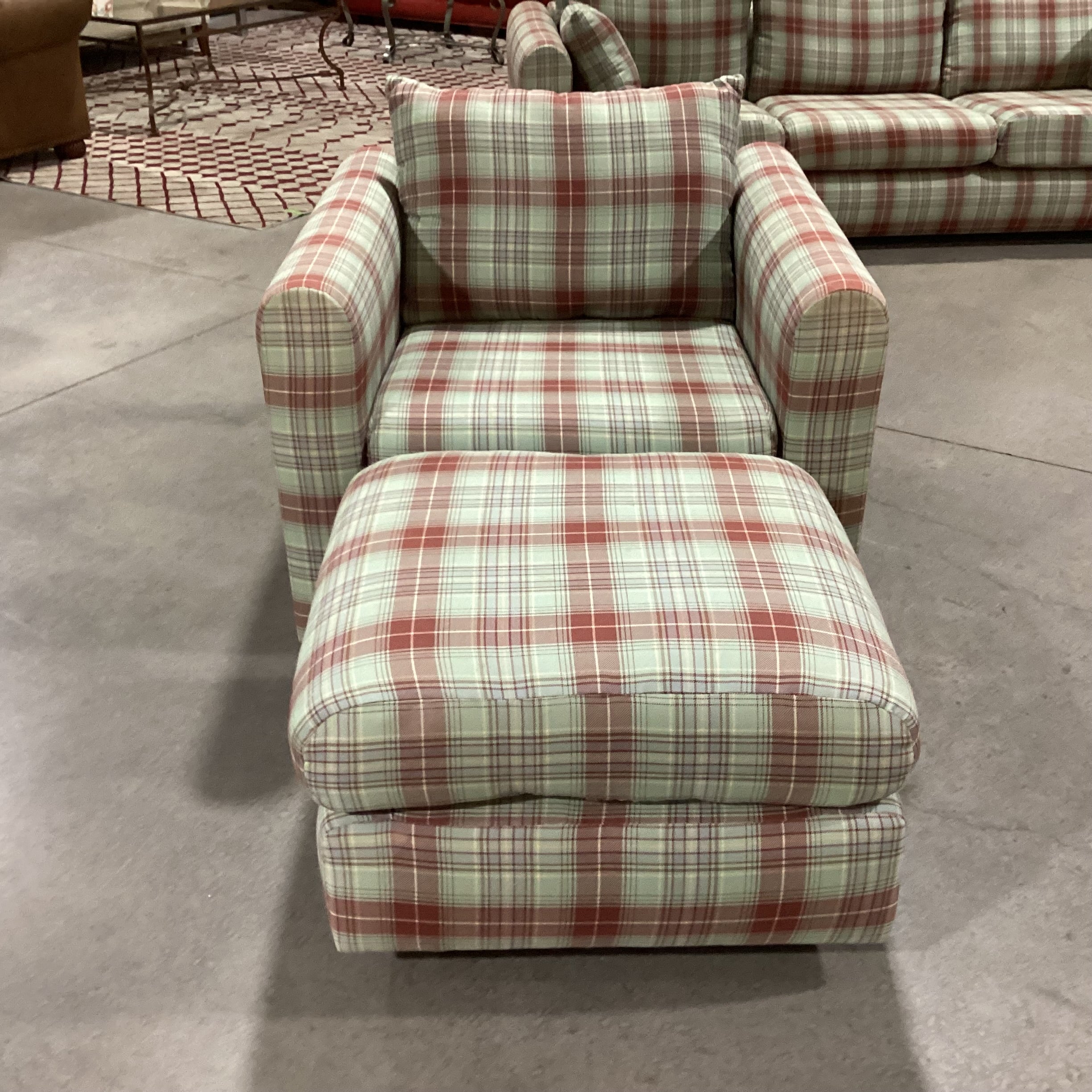 Green Rust Blue Woven Plaid with Ottoman Chair 38"x 36"x 25"