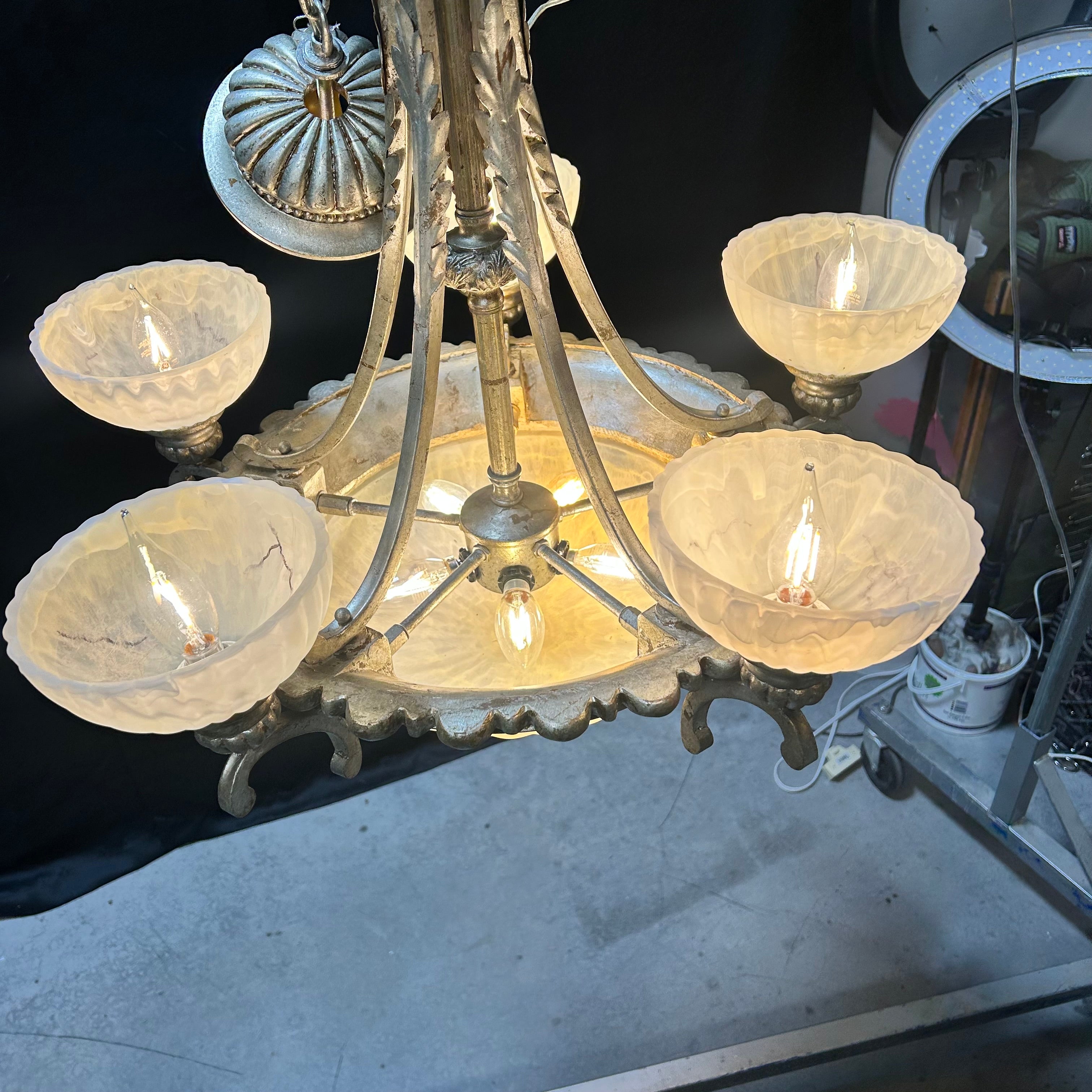 Neo-Classical 10 Light Metal With Marbled Glass Bowls 26"x 26"
