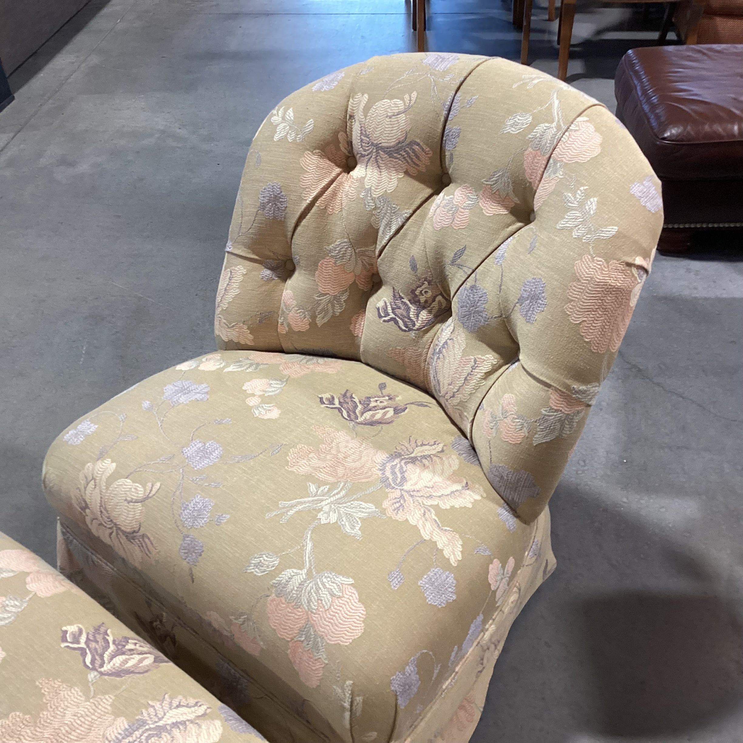 Custom Gold with Peach & Lavender Raised Stitch Floral Button Tufted with Ottoman Chair  31"x 34"x 35"