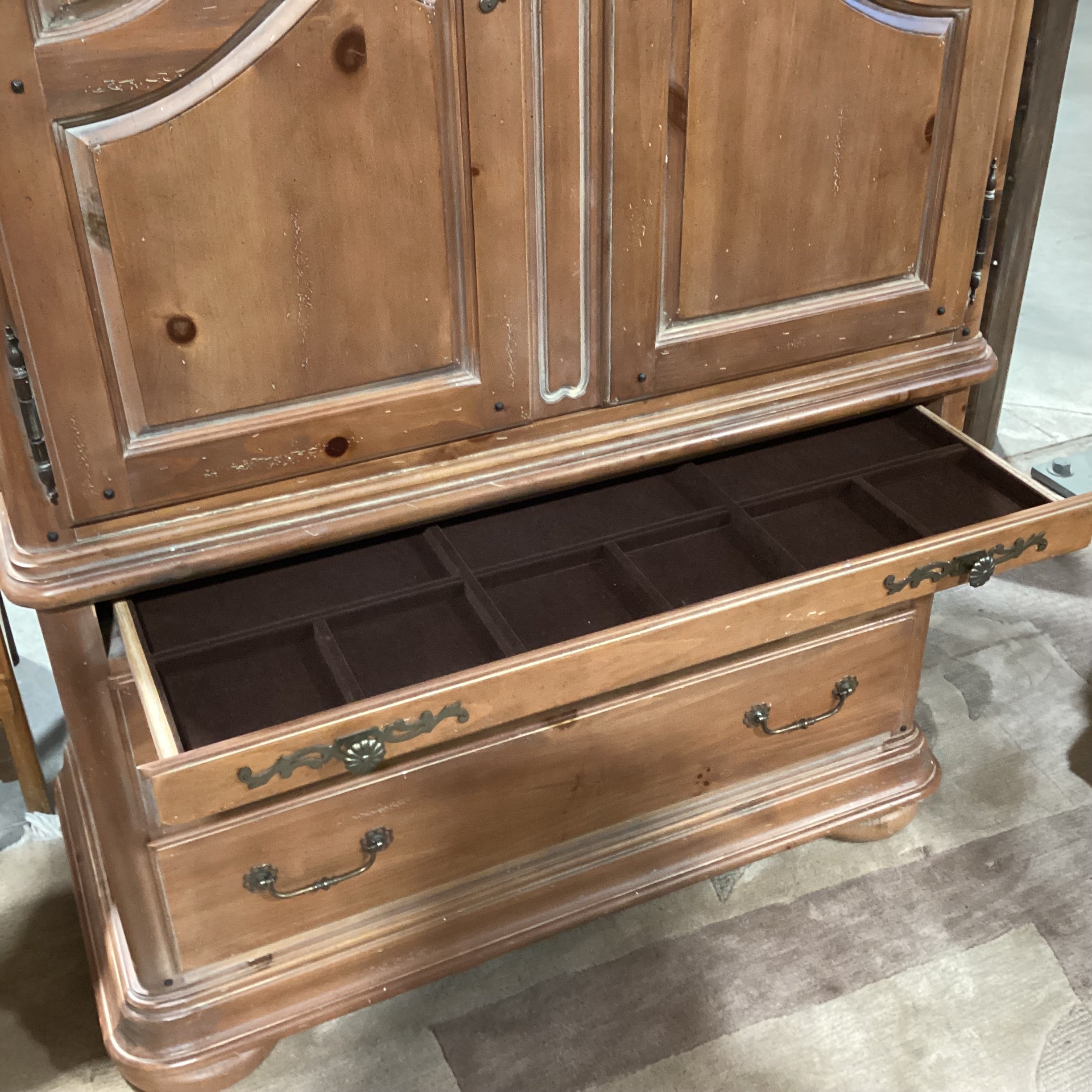 Distressed Light Wash Finish Pine 2 Door With Sectioned Shelves & 4 Drawer Armoire 40"x 20"x 83"