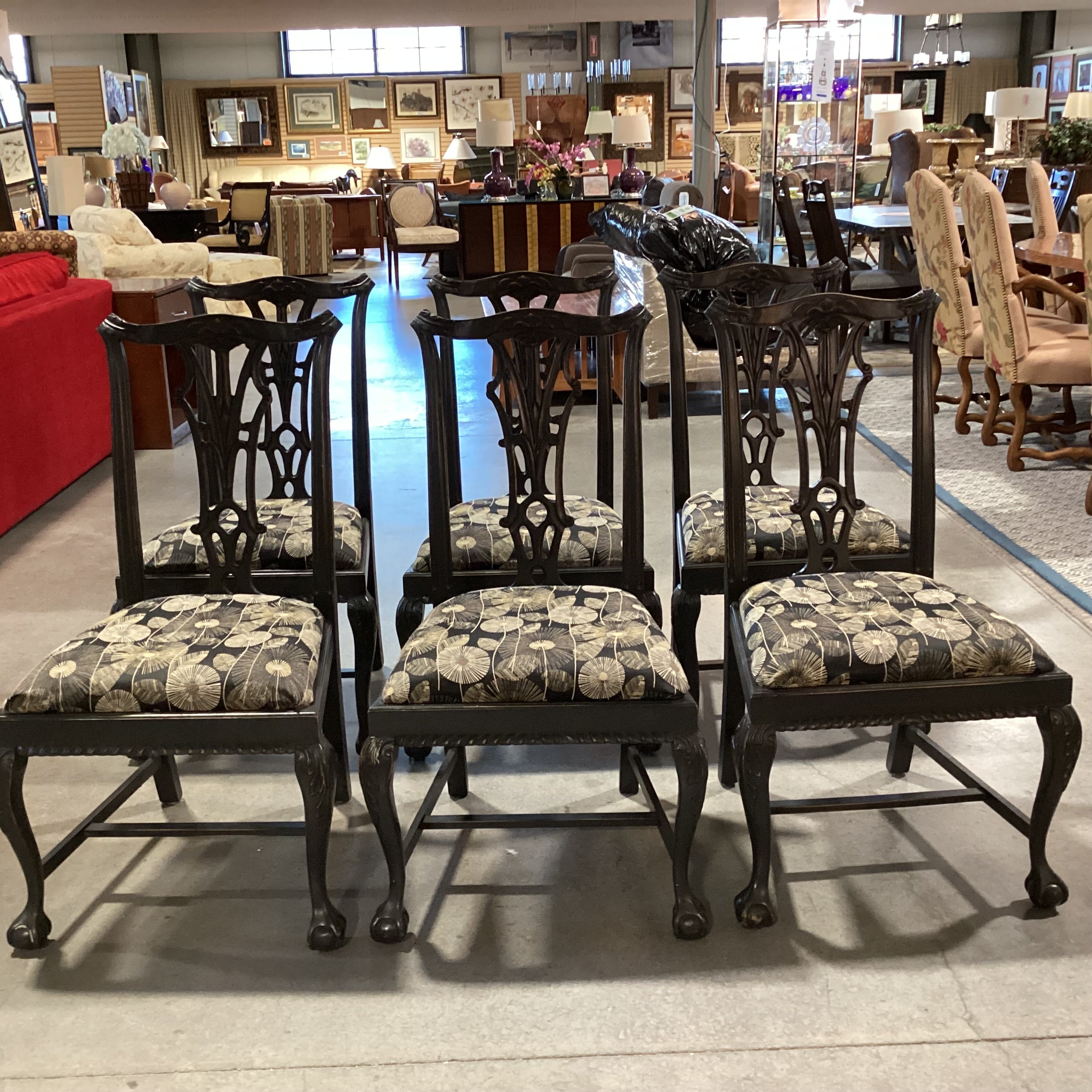 SET of 6 Ornate Carved Black Claw & Ball Wood Black Tan White Dandelion Dining Chairs 23"x 22"x 40"