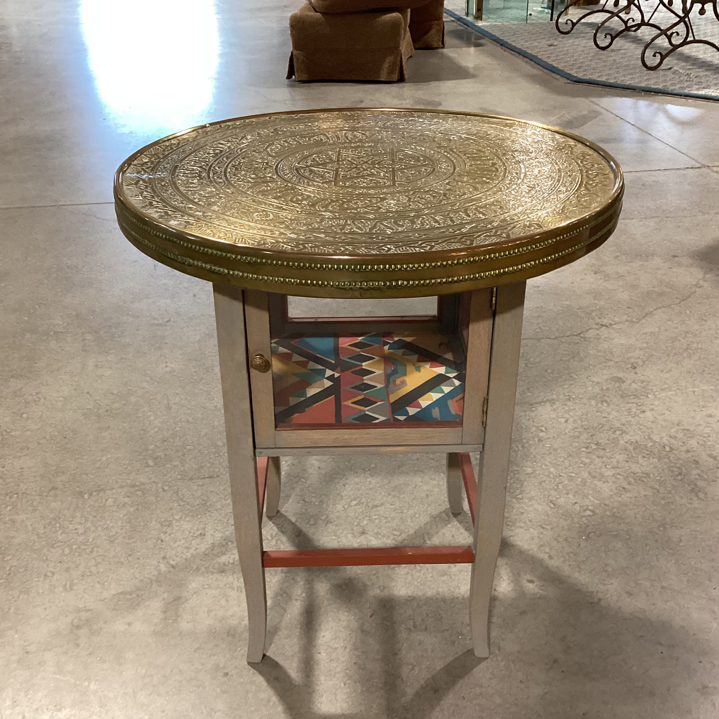 Middle East Brass Tray Top & Wood Glass 1 Door Base Accent Table 24" Diameter x 26"