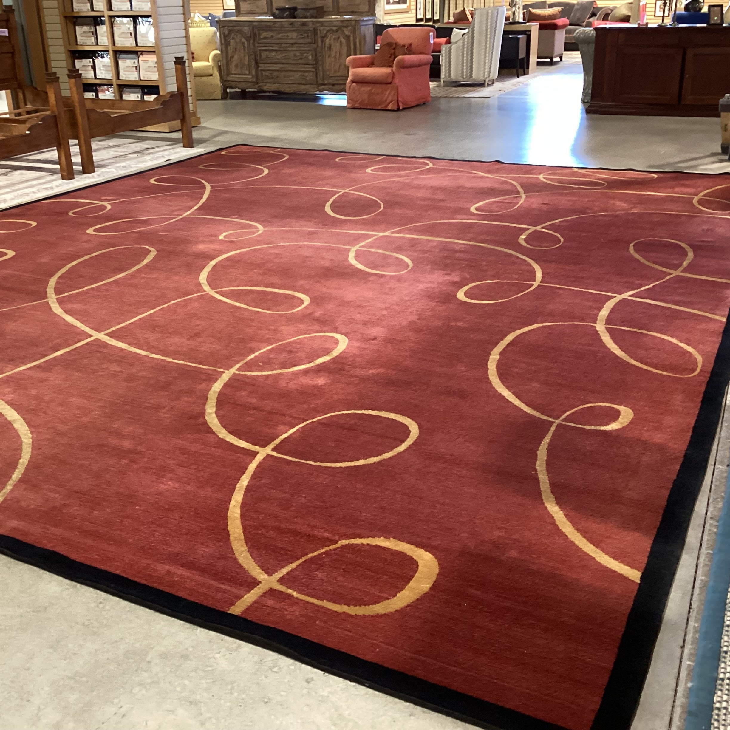 Rust Red & Gold Ribbon Hand Knotted Hand Spun Wool Custom Made in Nepal Rug 16'x 19'5"