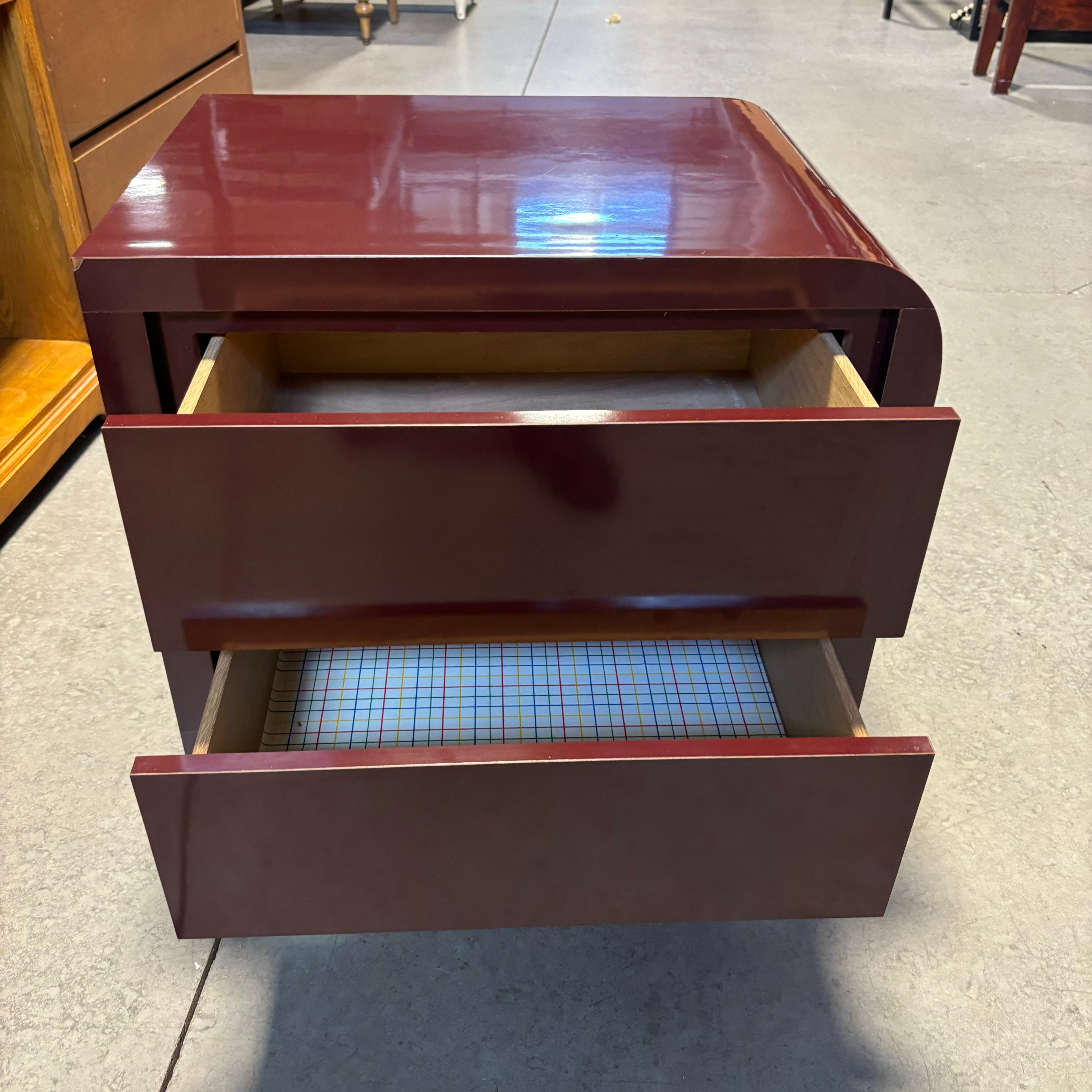 Maroon Lacquer Finish & Brass Finish Base 2 Drawer Nightstand 24"x 18"x 24"