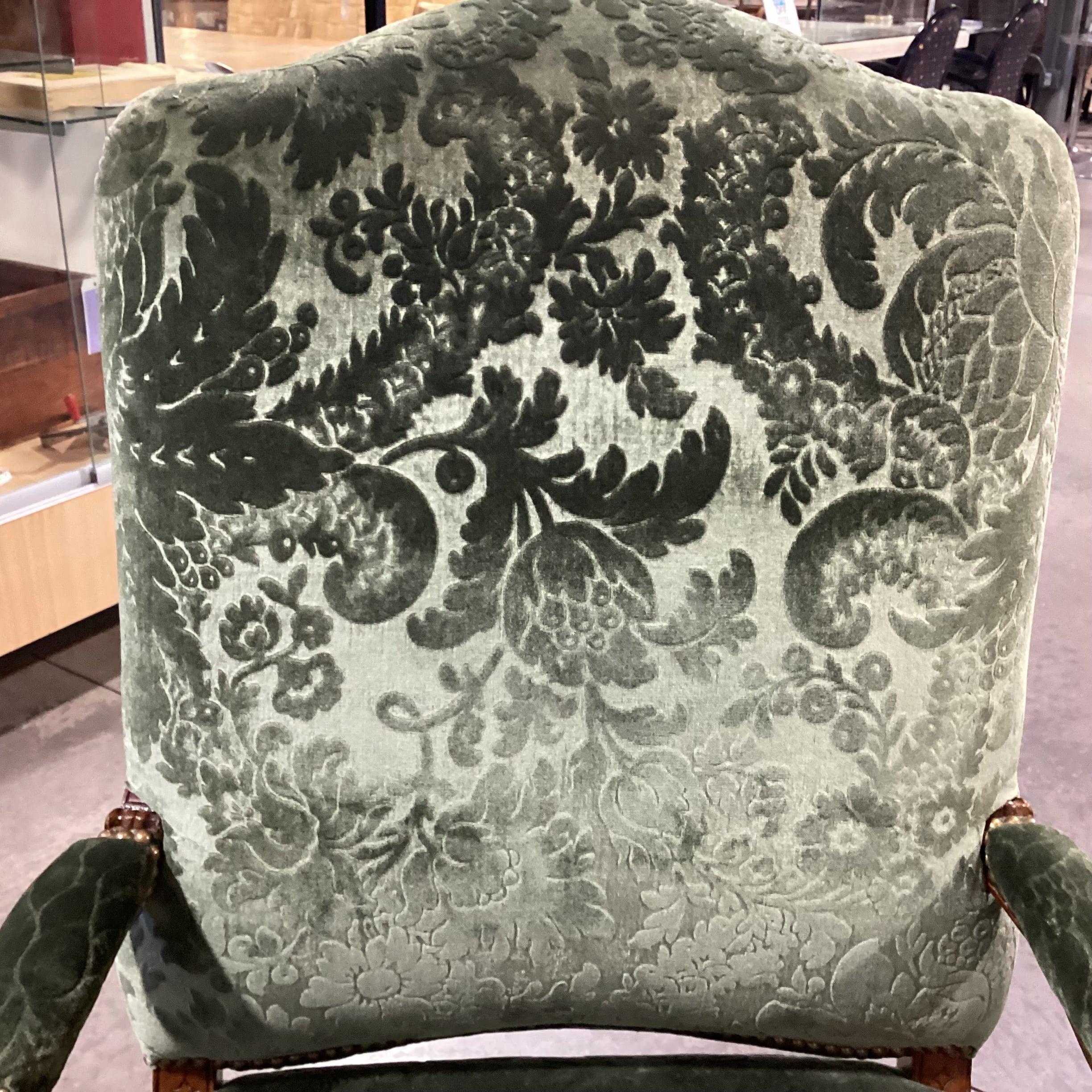 Vintage Carved Wood with Green Raised Floral Velvet & Nailhead Chair 28"x 28"x 42"