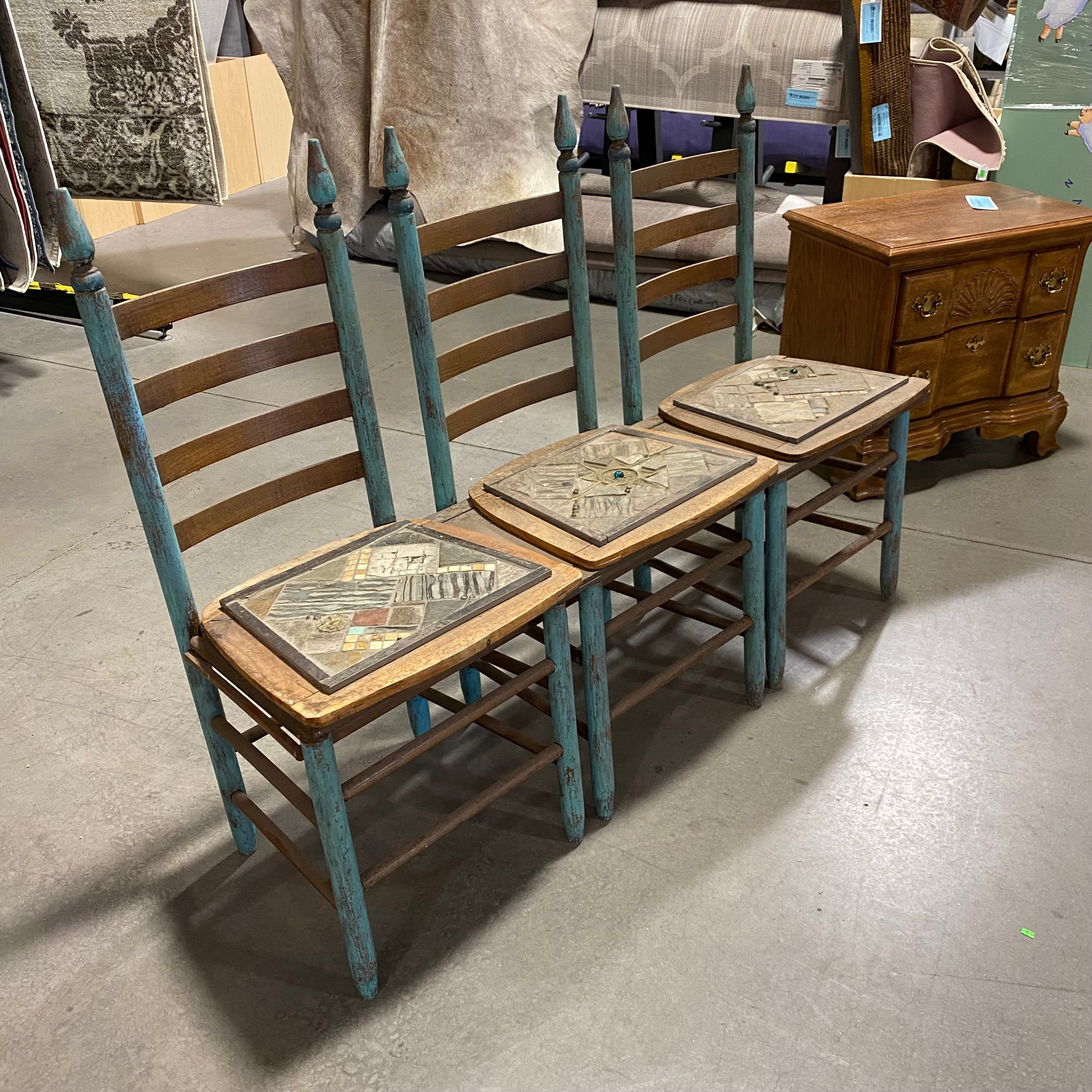 Custom Turquoise Natural Wood with Stone Mosaic Seats Bench 57"x 16"x 40"