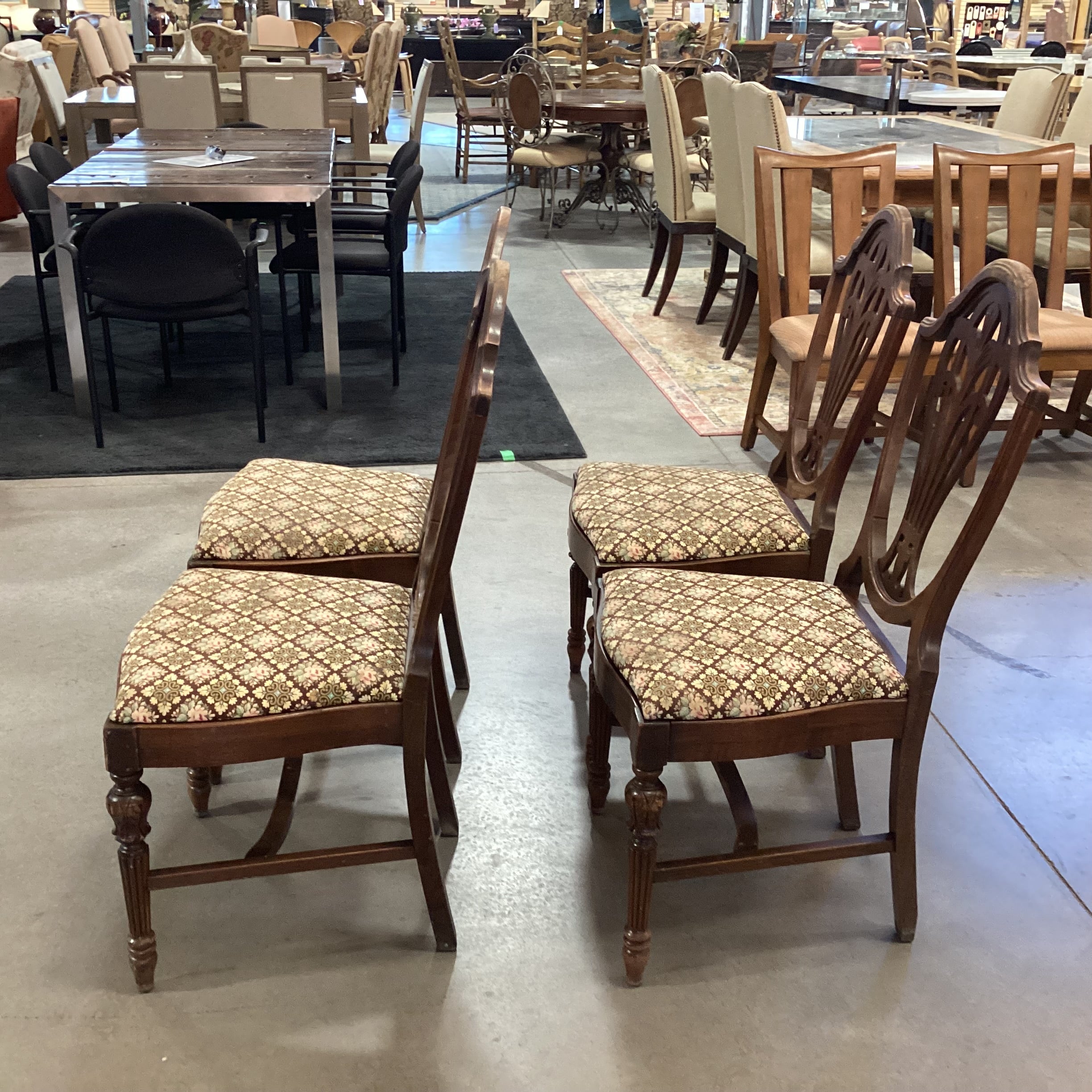 SET of 4 Antique Carved Wood Harp Back & Floral Upholstered Seat Dining Chairs 19"x 19"x 40"