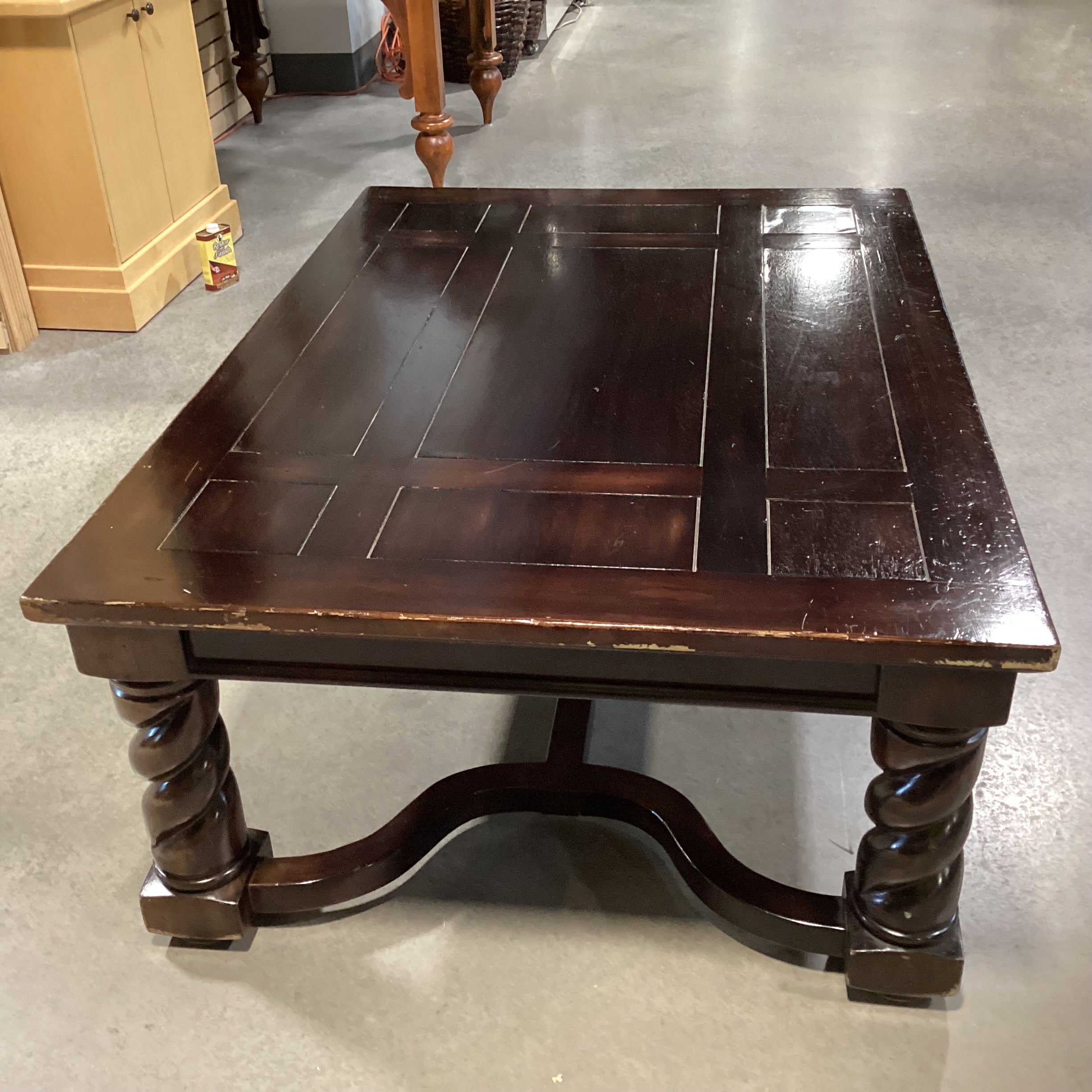 South Cone Dark Finished Carved Wood Spiral Detail with Trestle Coffee Table 54"x 38"x 20"