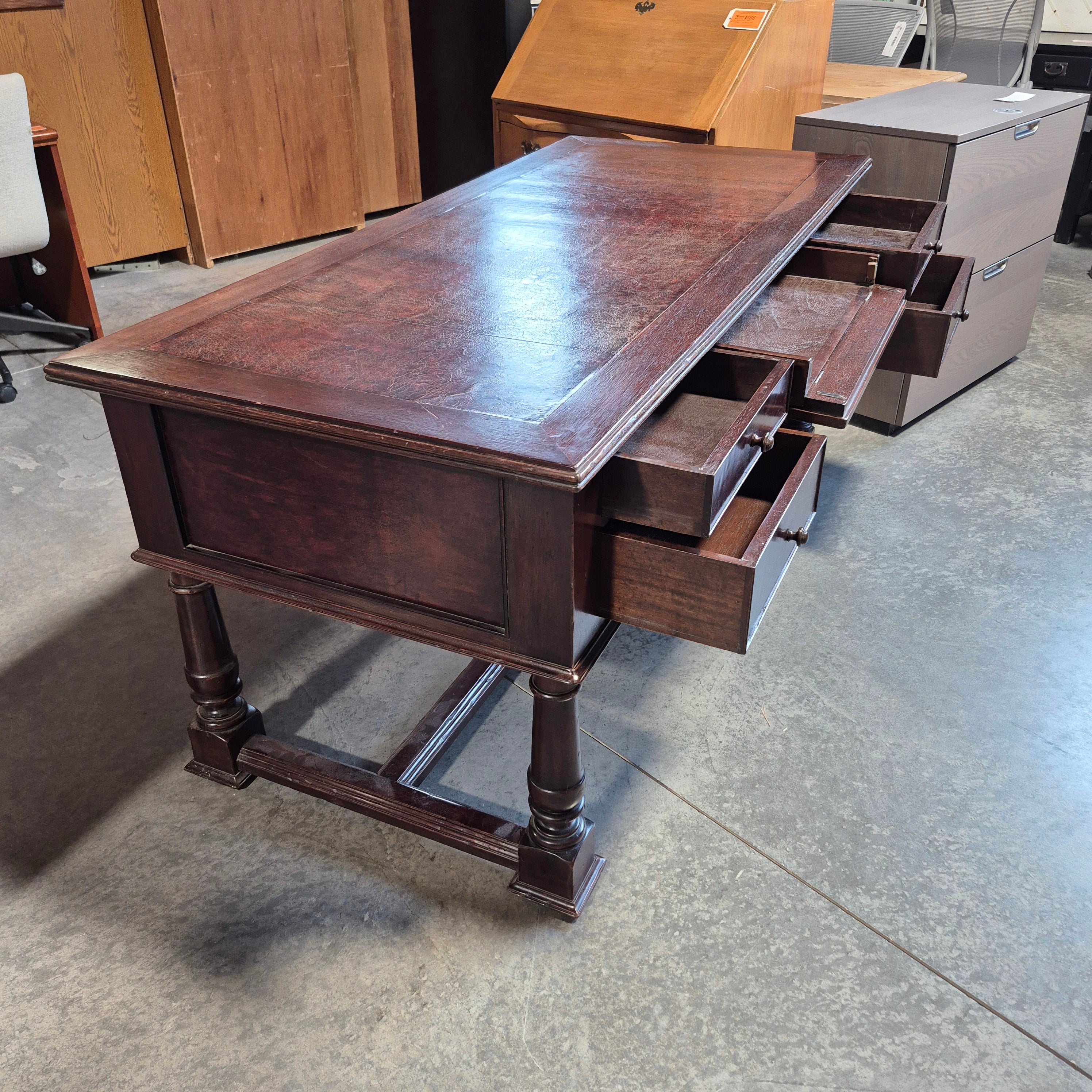 South Cone Dark Finish Carved Wood Leather Top 5 Drawer & Trestle Desk 68"x 31"x 30.5"