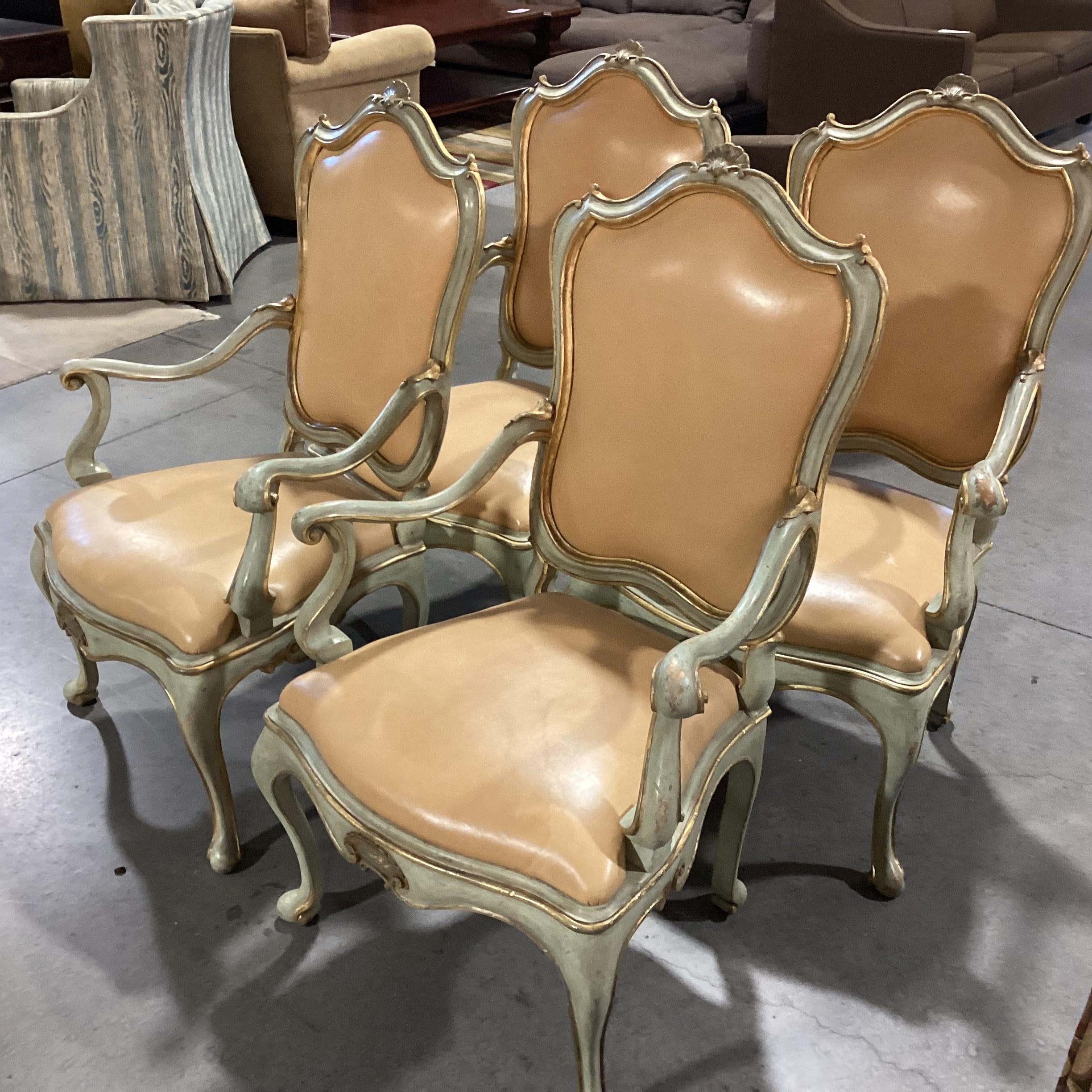 SET of 4 French Provincial Ornate Carved Wood with Gilded Accent & Leather Dining Chairs 26"x 26"x 42"