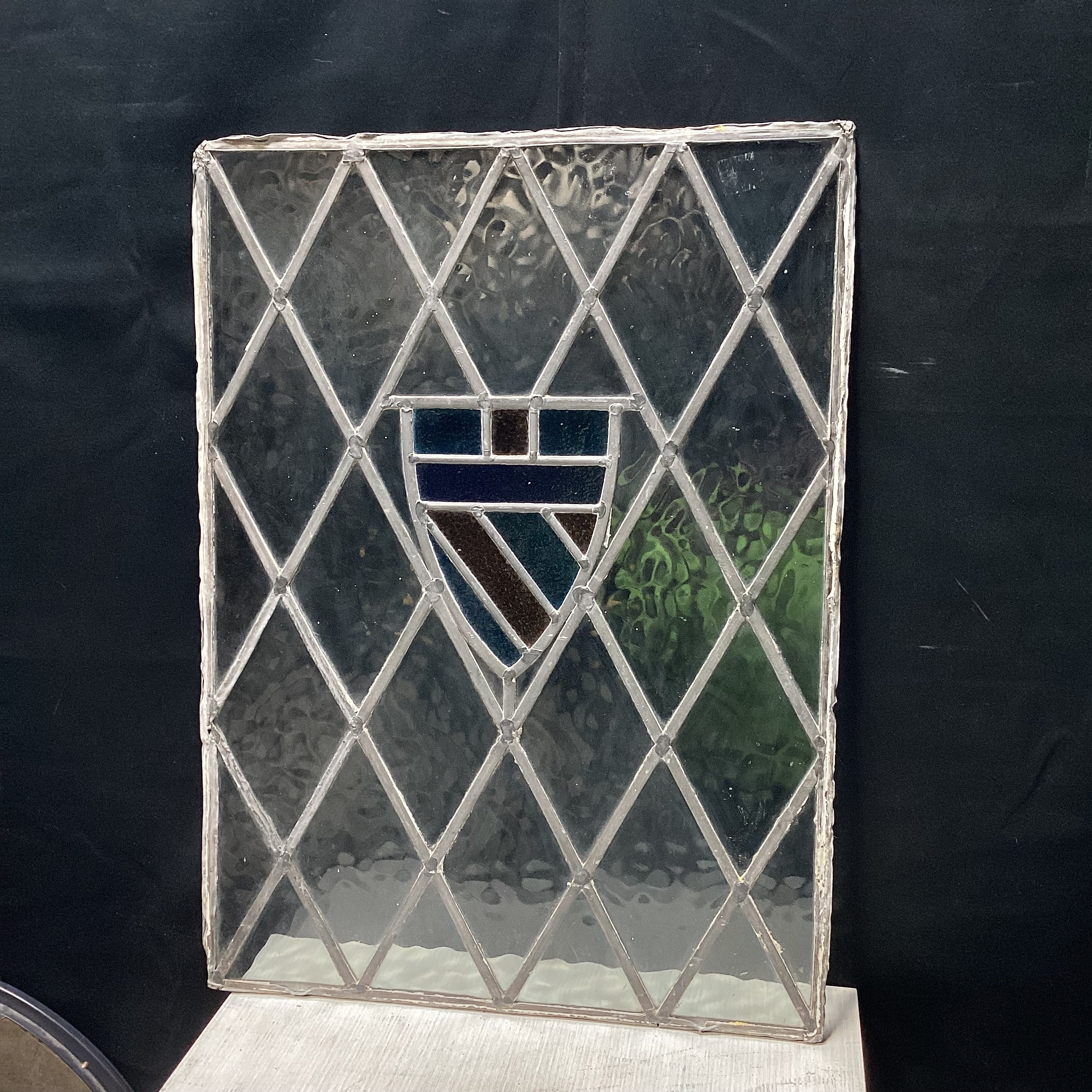 Vintage Stained Glass Shield  Window 20" x 27"