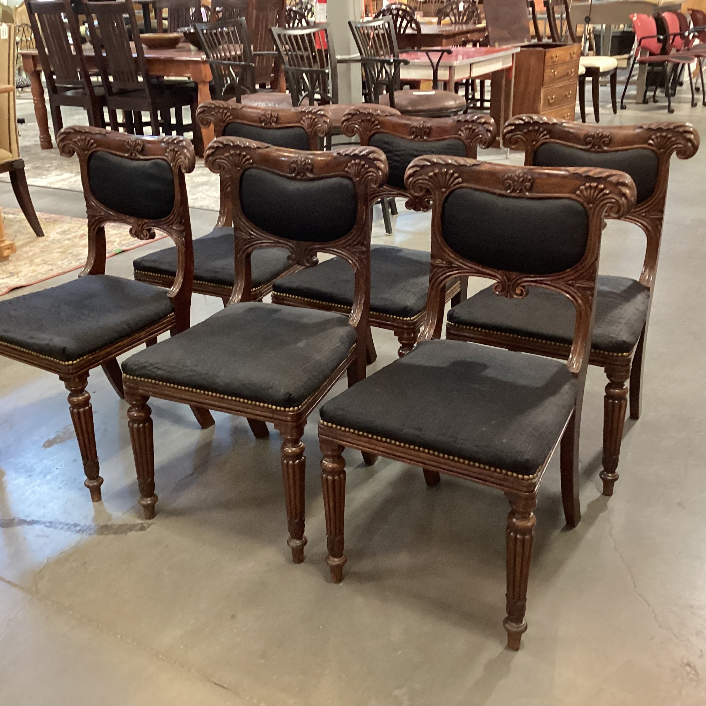 SET of 6 Antique Carved Wood & Black Upholstered Nailhead Dining Chairs 20"x 20"x 33.5"