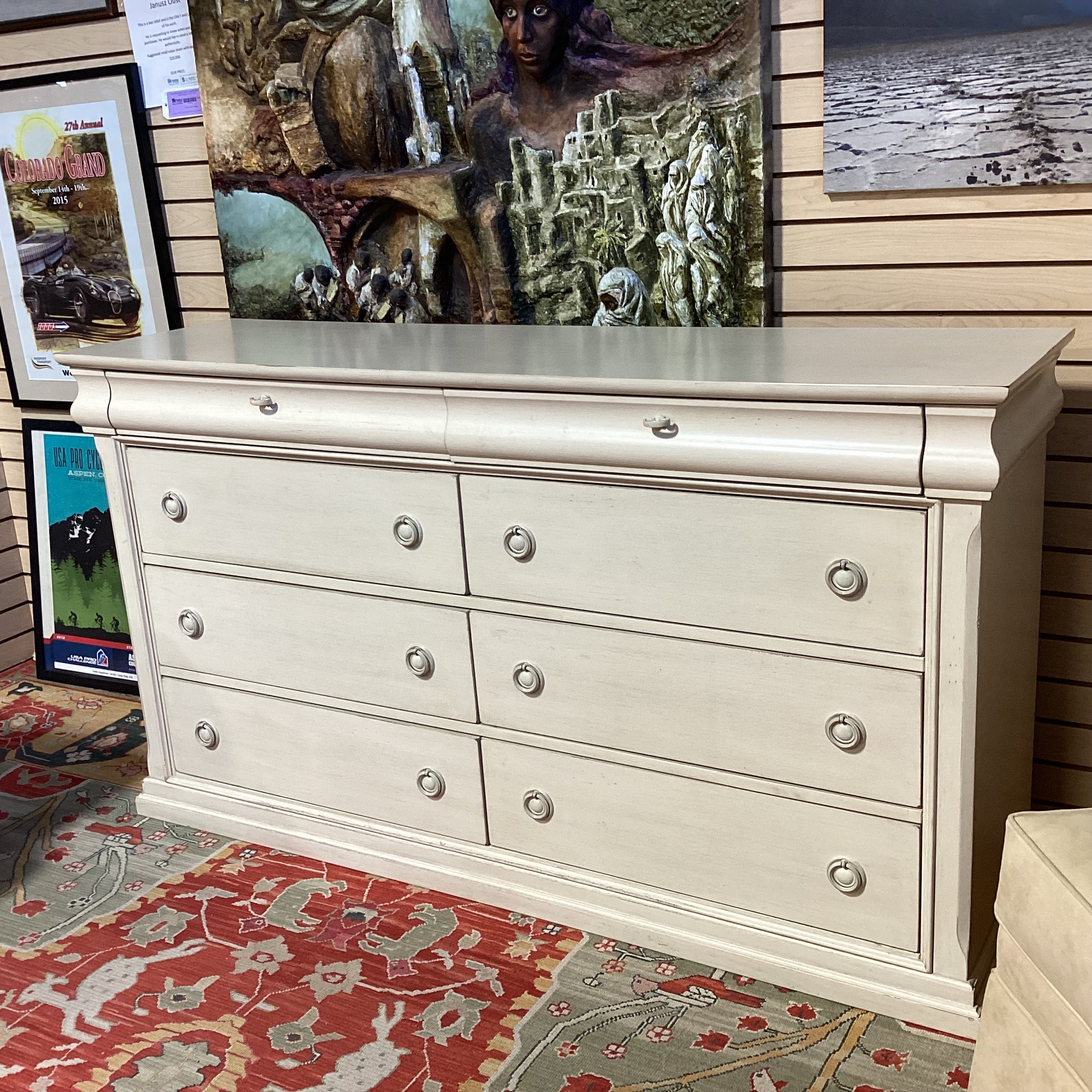 Liberty Furniture Antiqued Cream Wood 8 Drawer Dresser 64"x 18"x 36"