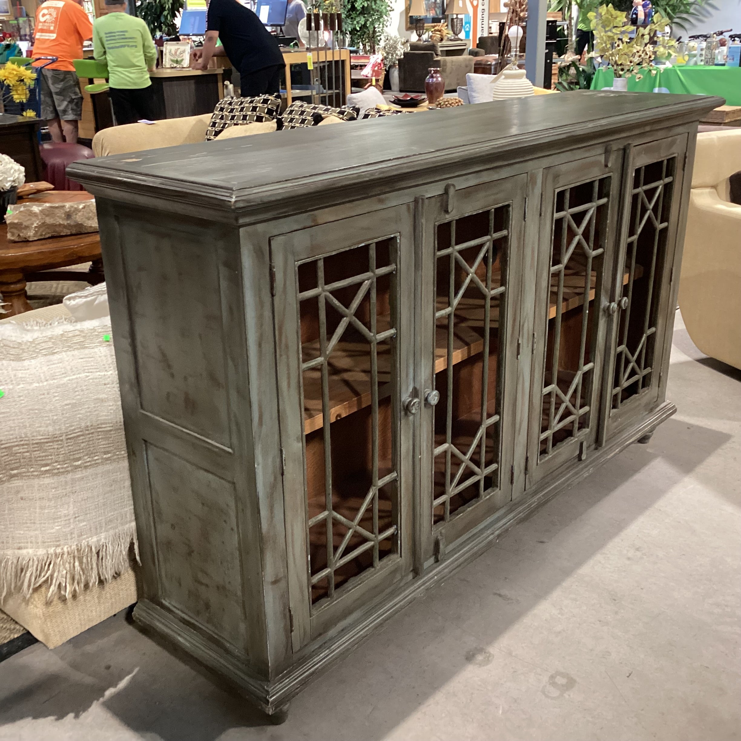 Green Washed Wood & Metal 4 Door with Shelves Console Credenza 71"x 18"x 42.5"