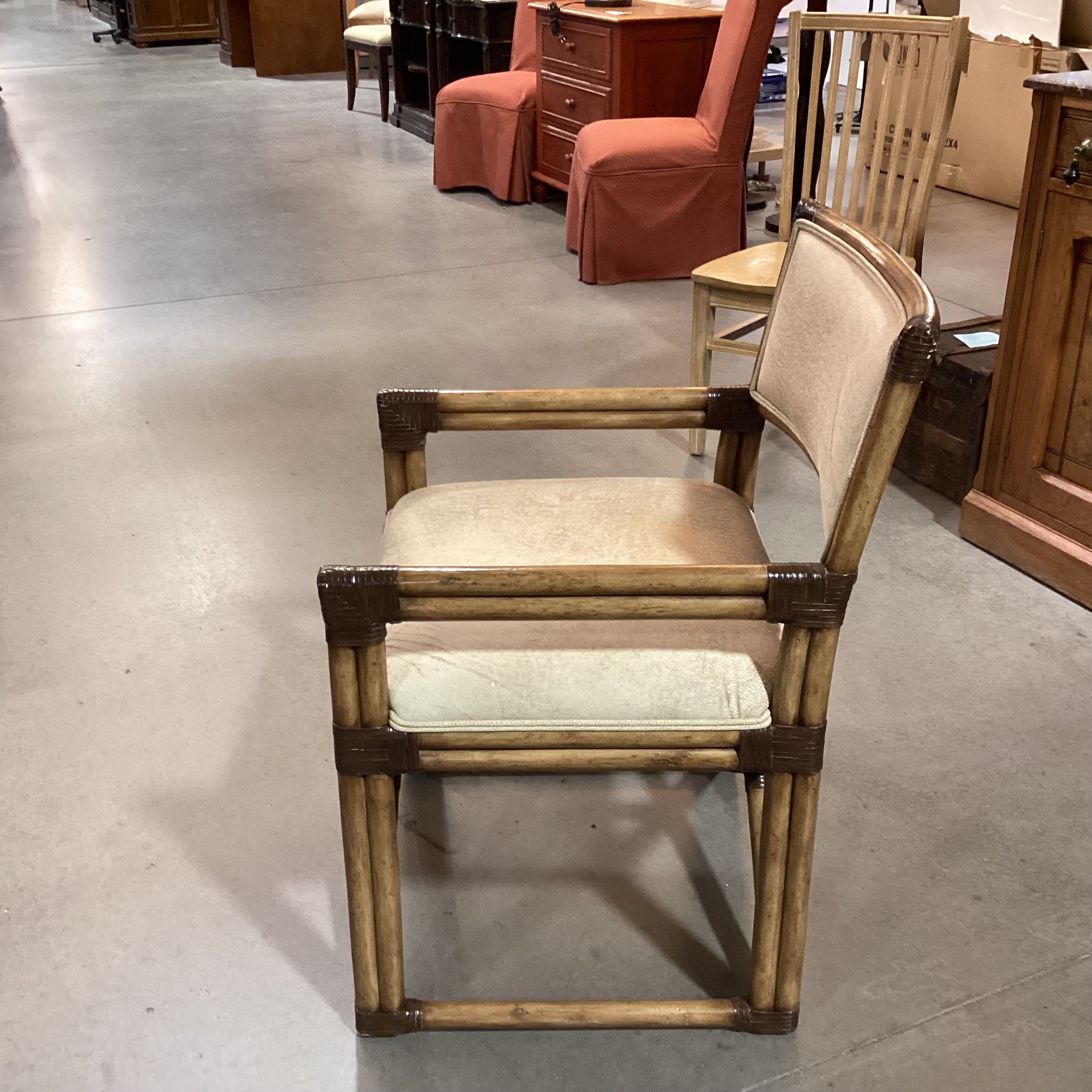 Vintage Bamboo Leather Strap Wrapped & Texture Tan Leather Accent Chair 24"x 24"x 35"
