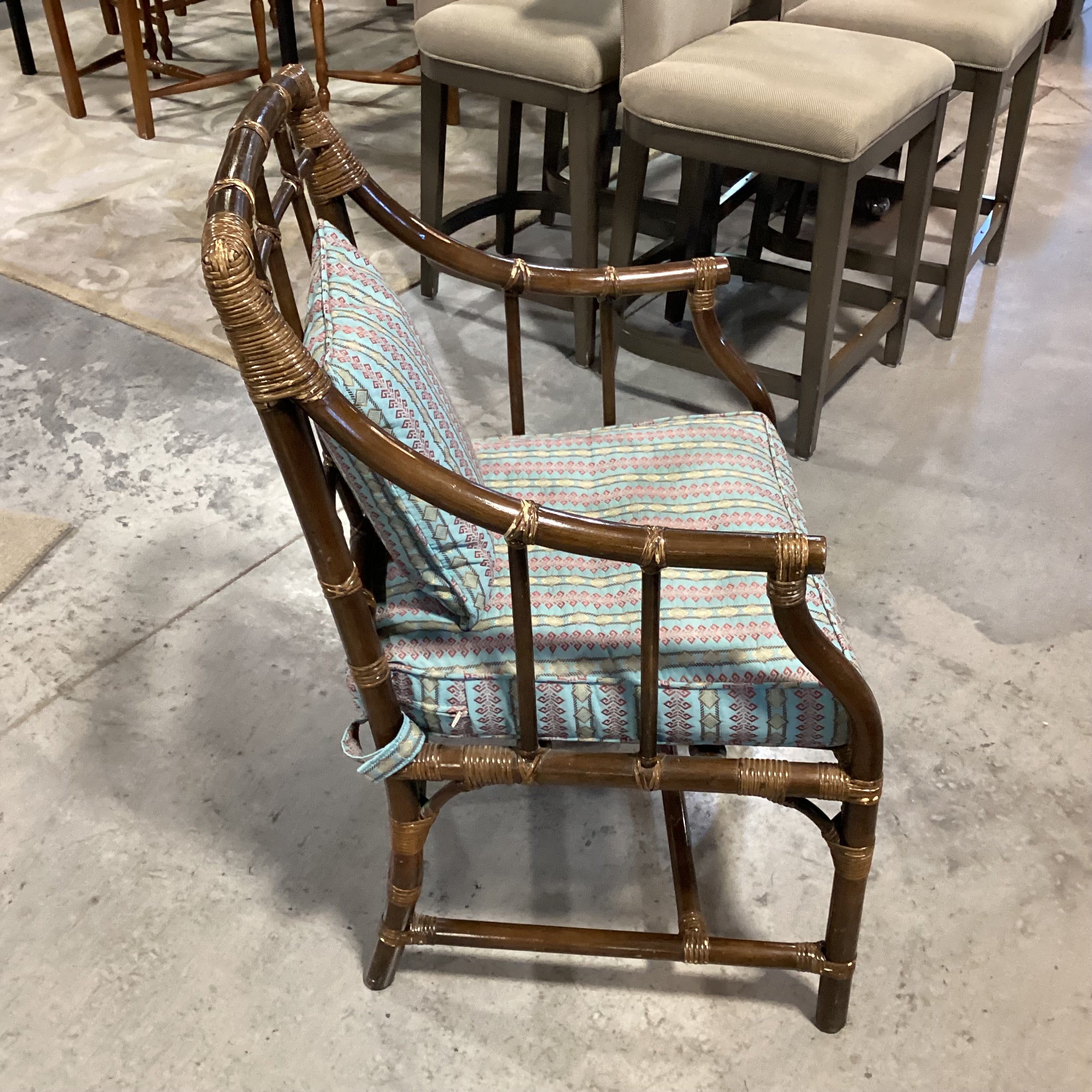 Bamboo Rattan with Blue Red Gold Ribbon Style Fabric Chair 23"x 23"x 34"