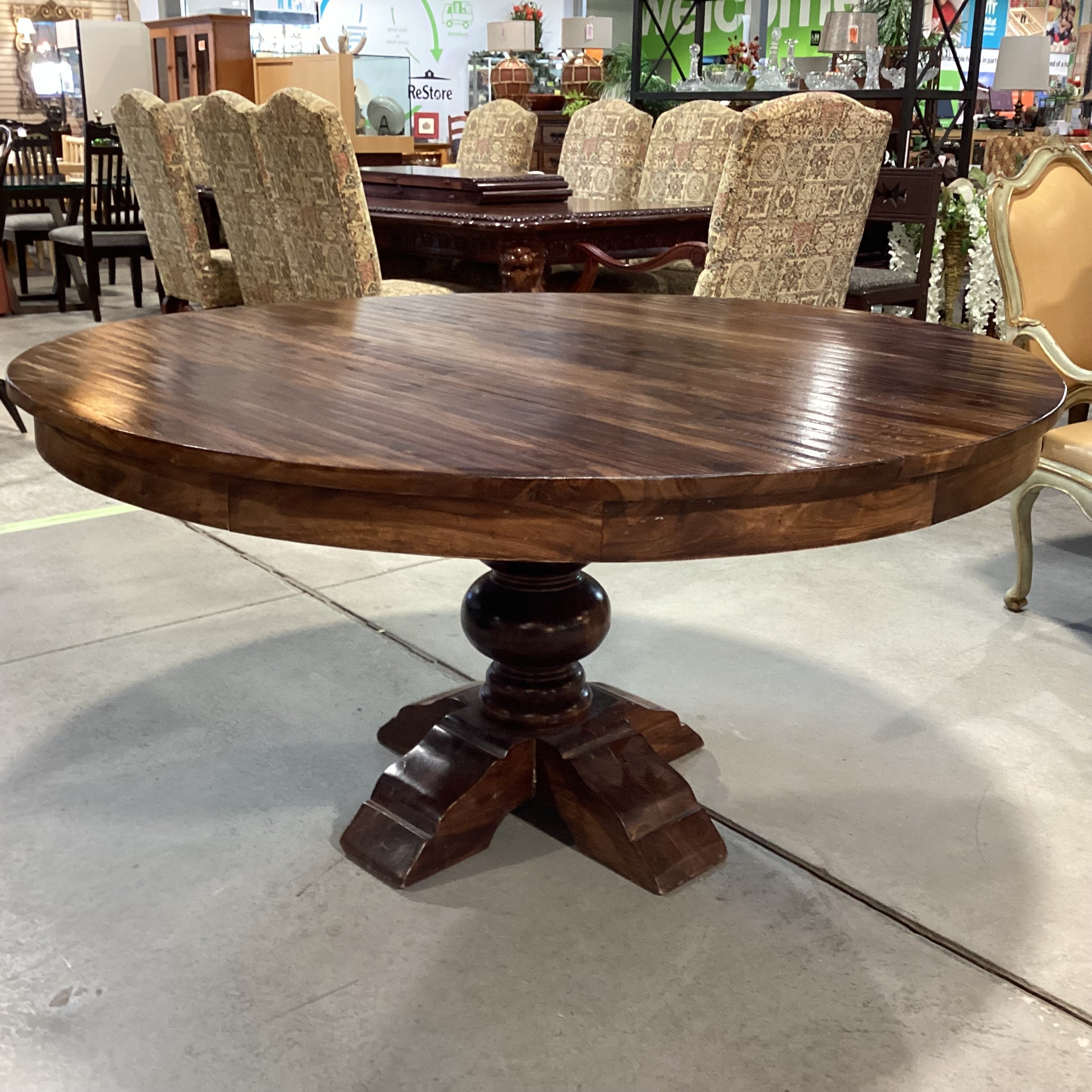 Dark Distressed Finish Round Solid Wood with Pedestal Dining Table 60" Diameter x 30.5"