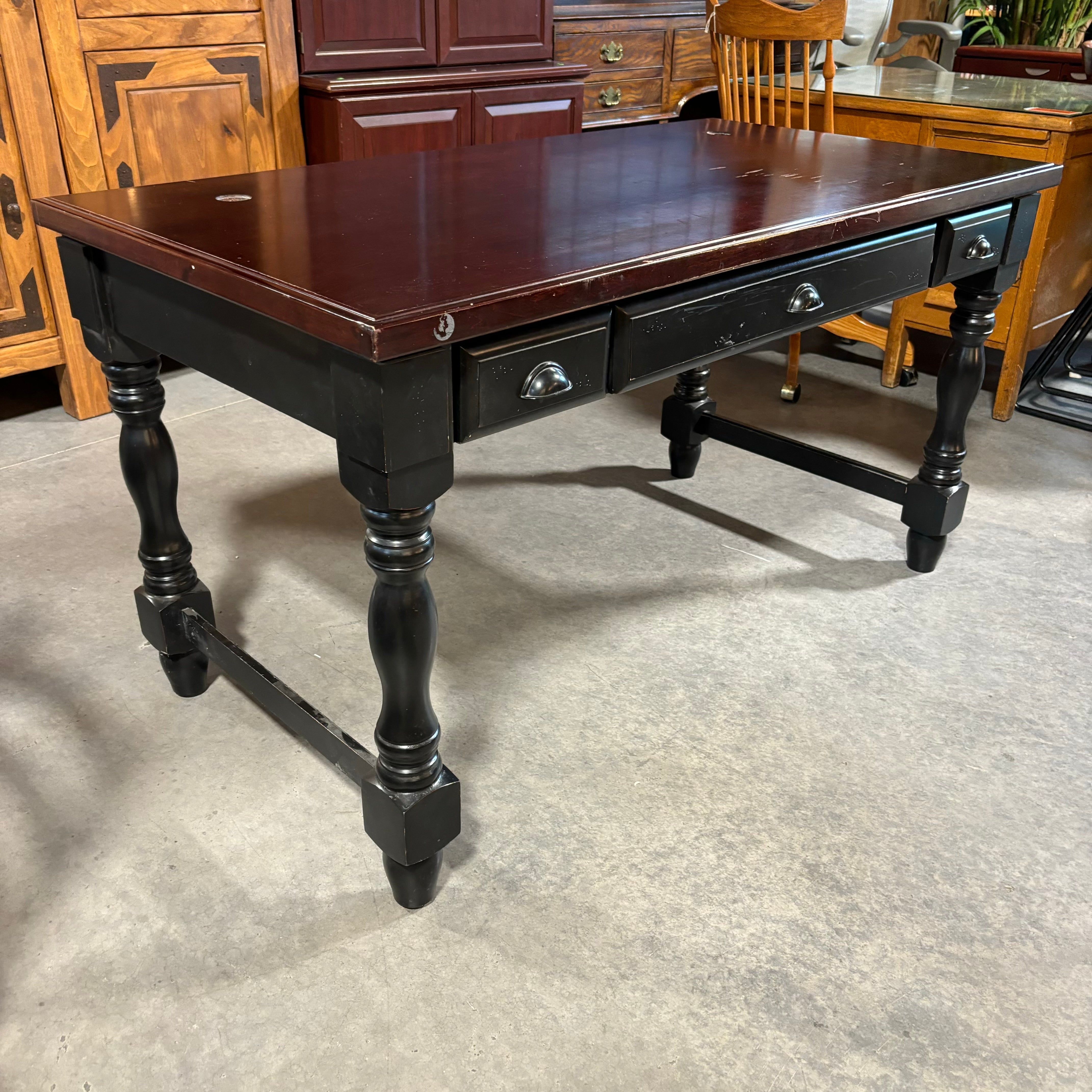 Dark Cherry Finish Top with Solid Black Wood Base 2 Drawer & Center Pullout Desk 58"x 30"x 31"