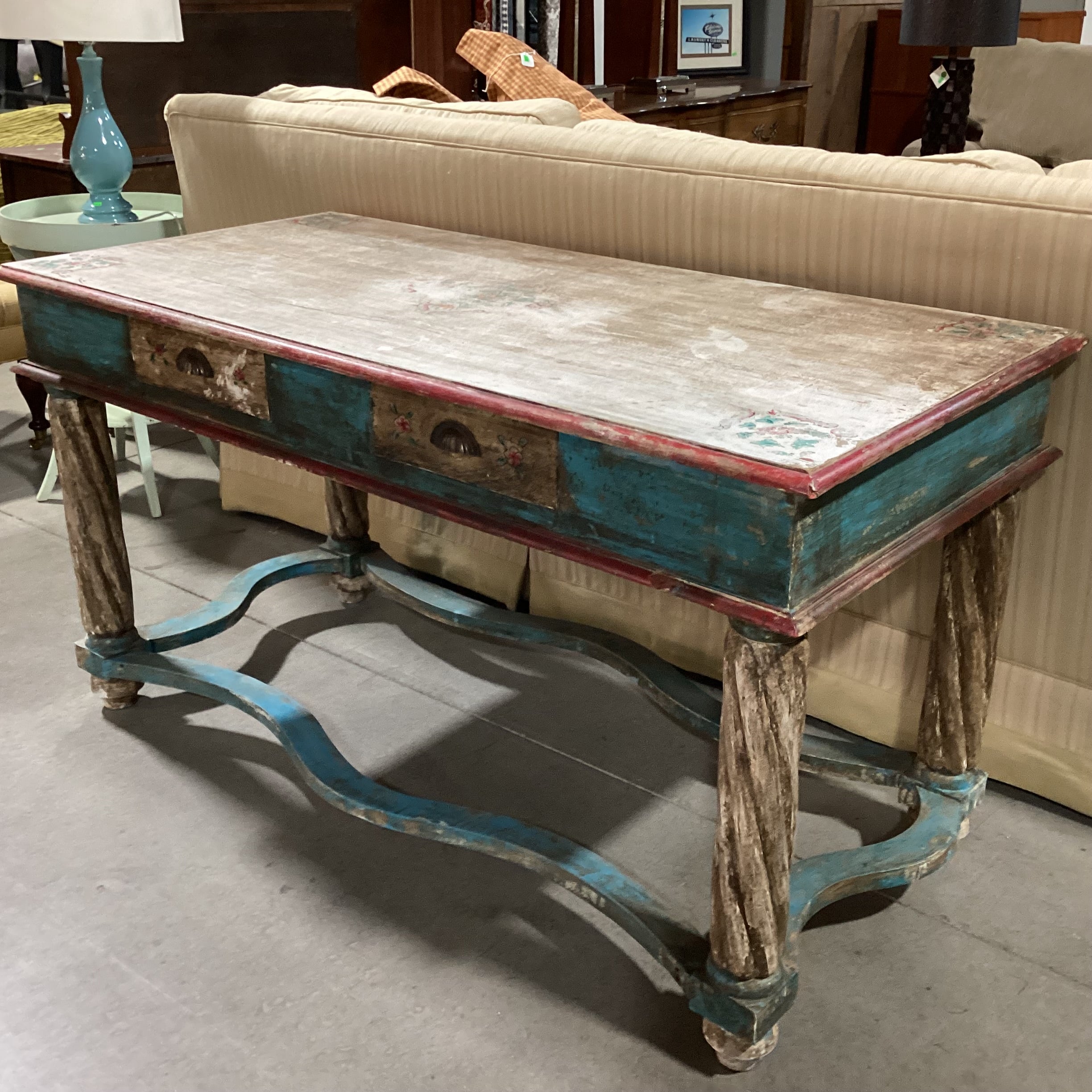 Antiqued Finish Hand Painted Blue & Red Floral Carved Wood 2 Drawer Accent Table 58.5"x 28.5"x 32"