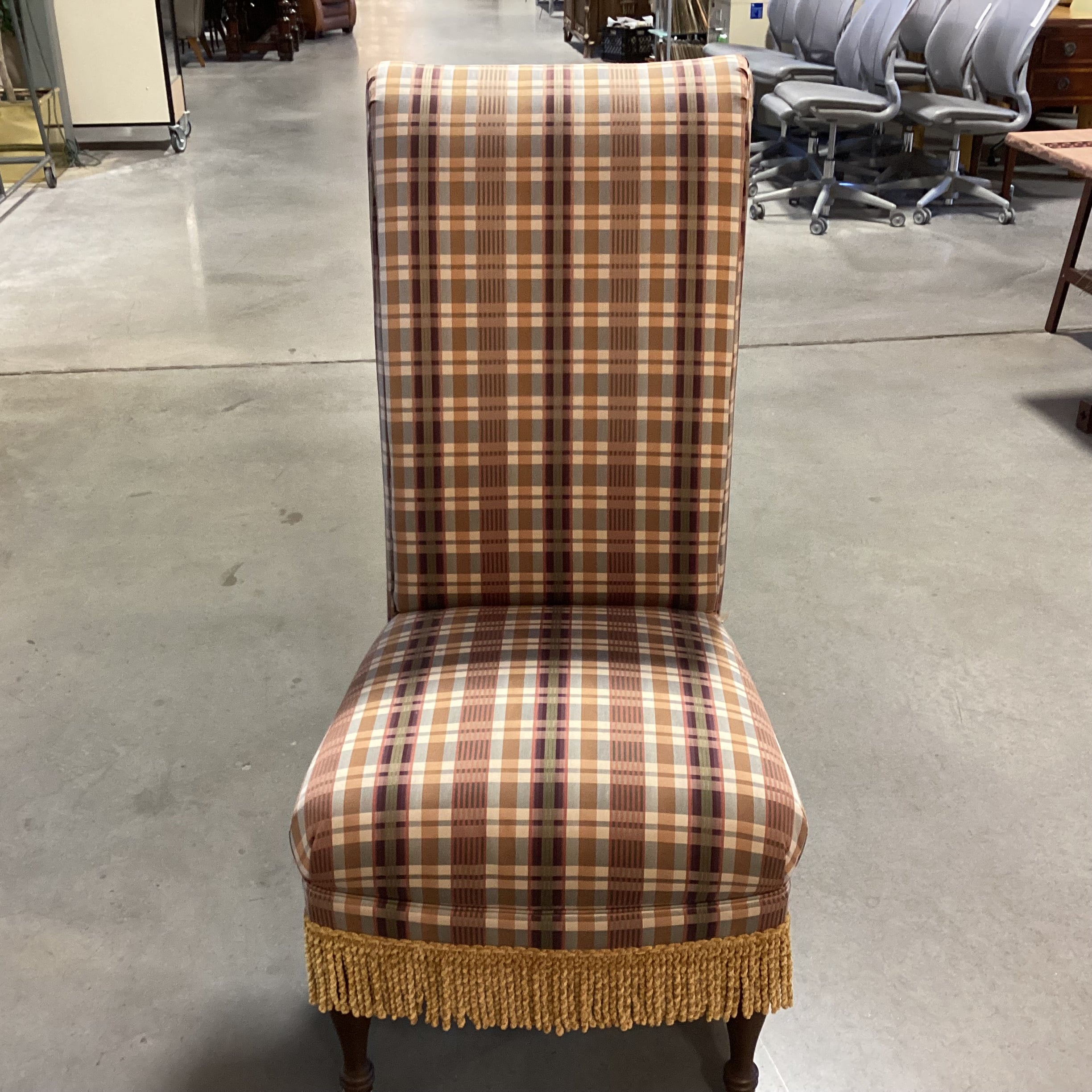 Custom Burgundy Gold Plaid & Fringe Roll Back Chair 20"x 32"x 46"