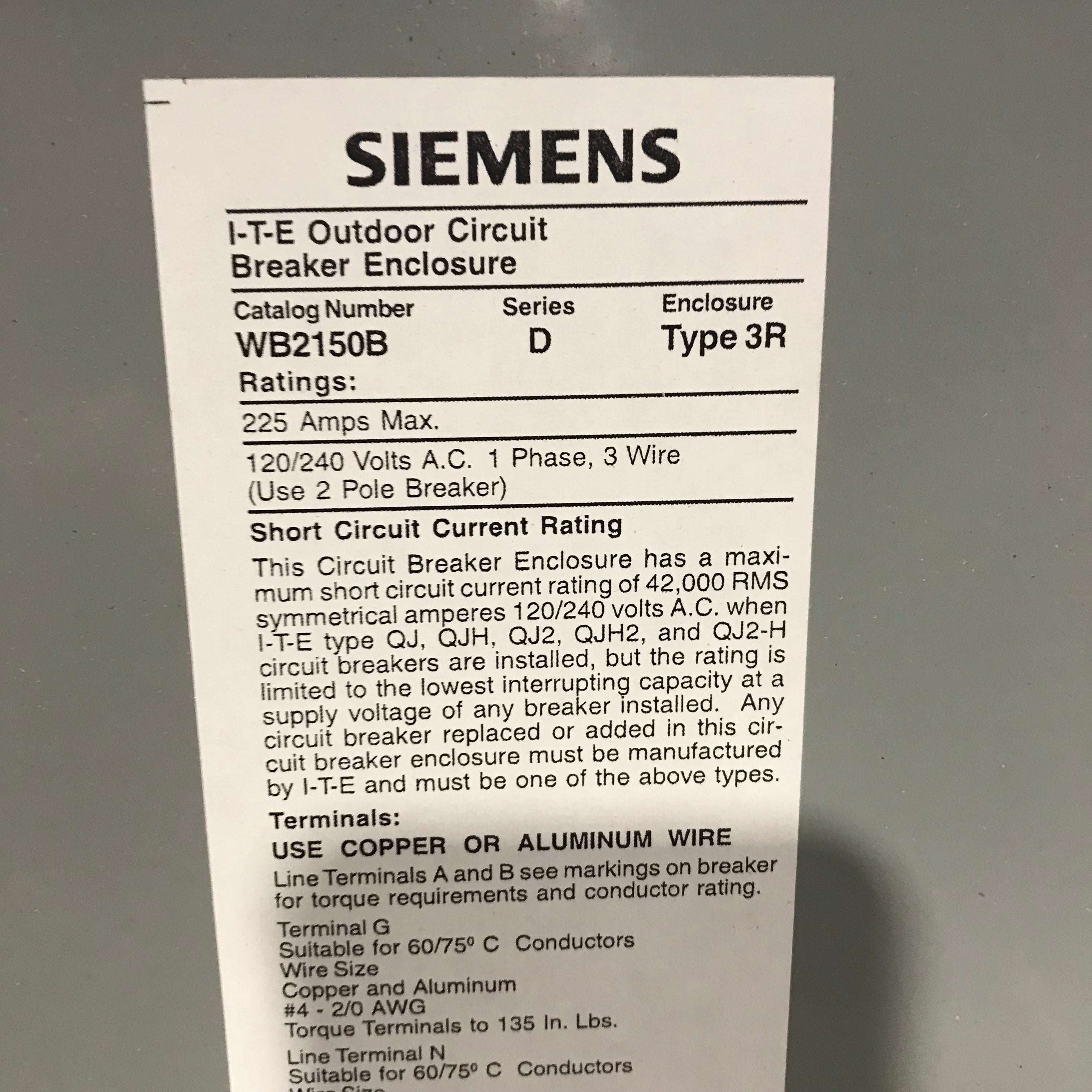 Siemens I-T-E Molded Circuit Breaker Enclosure