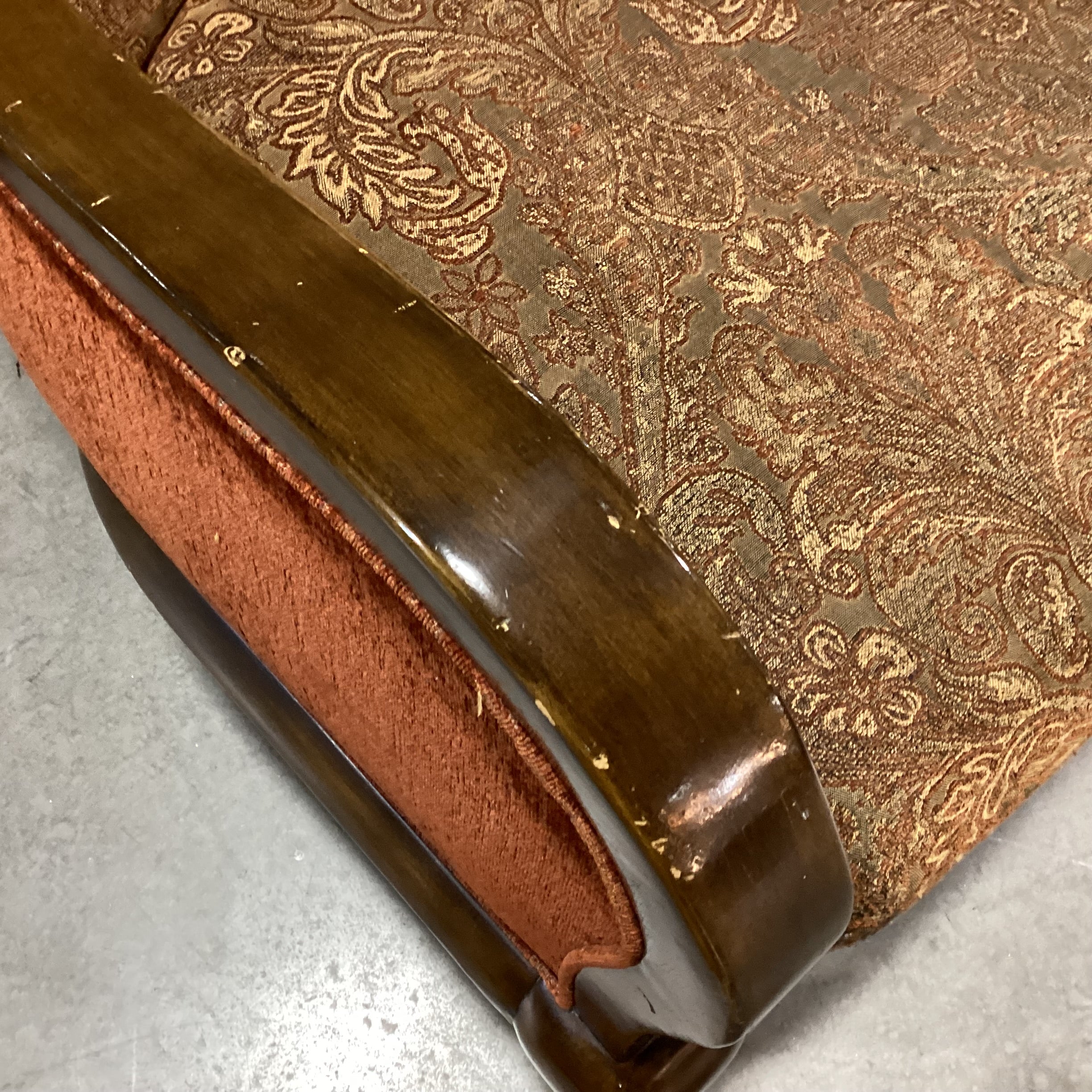 Vintage Carved Wood & Ornate Brown Burnt Orange Gold Upholstery with Raised Velvet Back Chair 29"x 31"x 38.5"