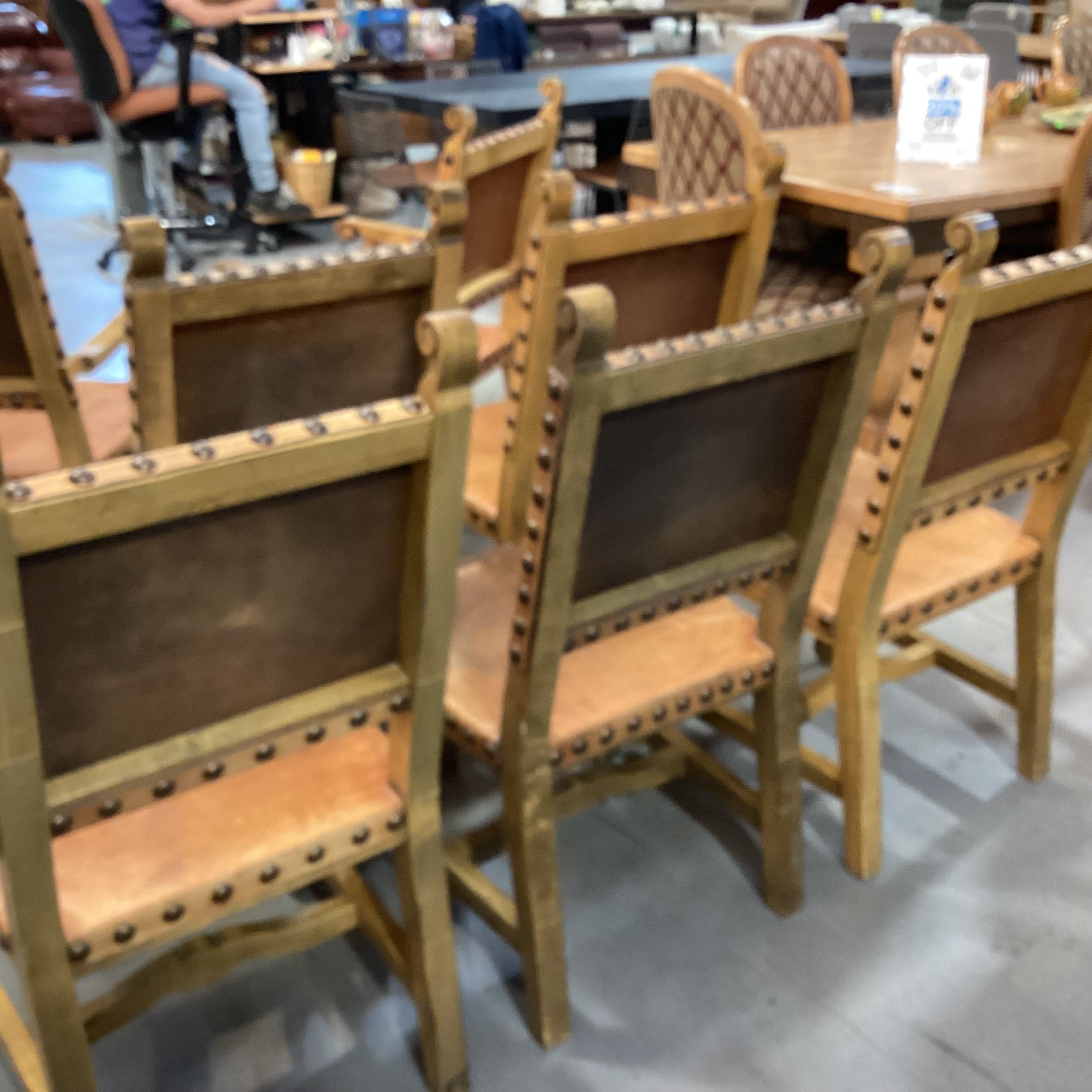 Set of 7 Carved Wood & Leather Nail Head Rustic Dining Chairs 23"x 24"x 41"