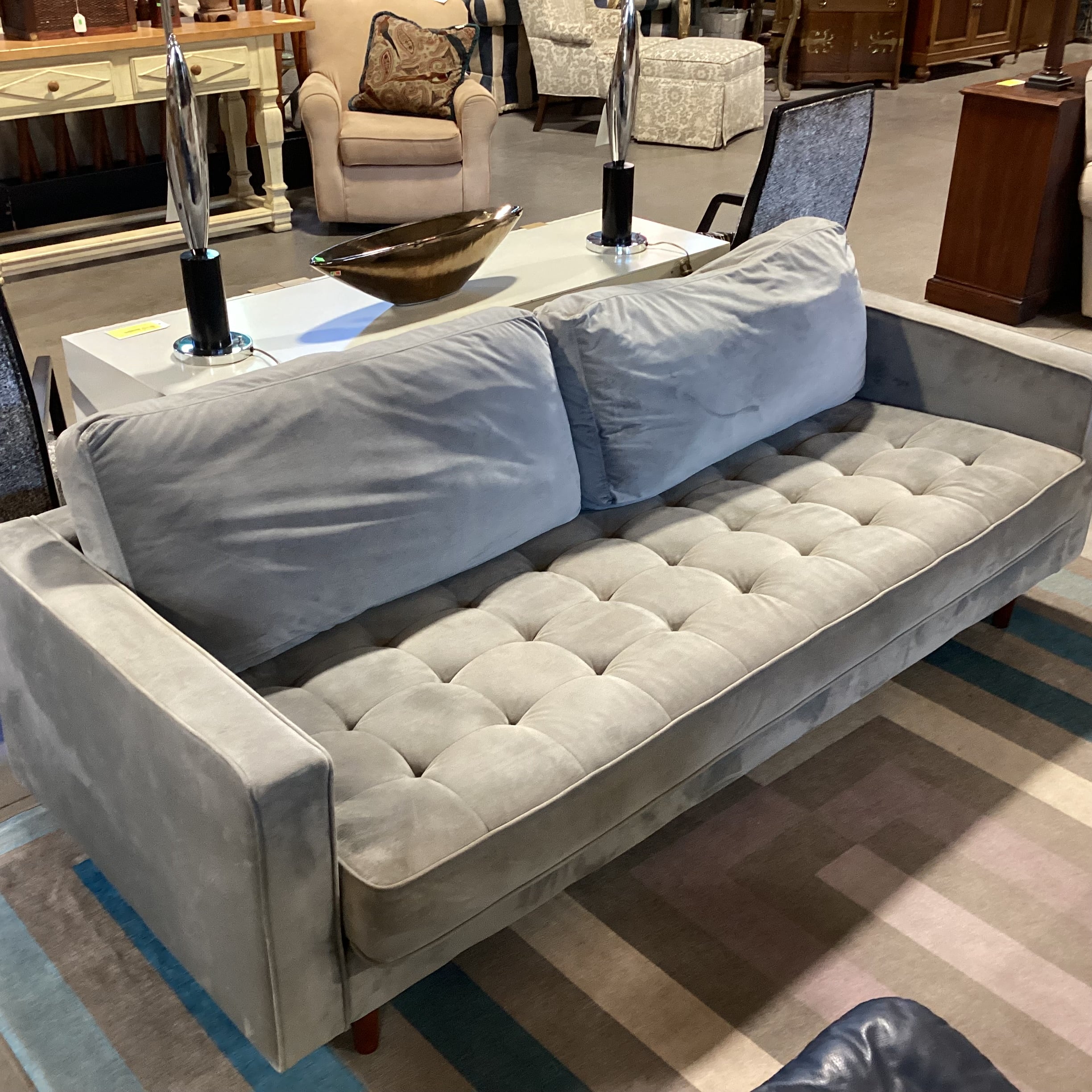 Grey Plush Velveteen Tufted Seat Sofa 87"x 37"x 26"