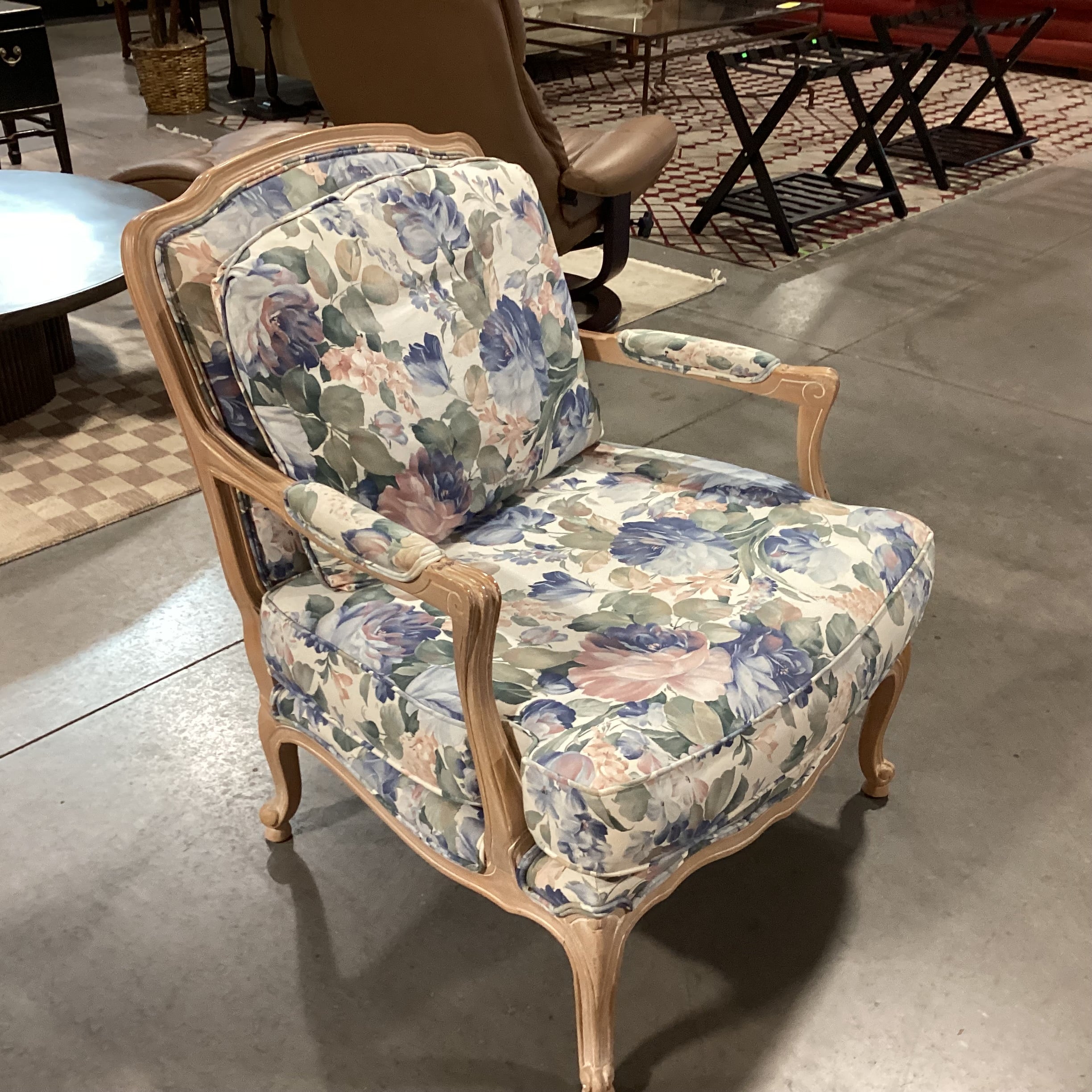 White Washed Carved Wood & Blue Floral Chair 30"x 32'x 35"