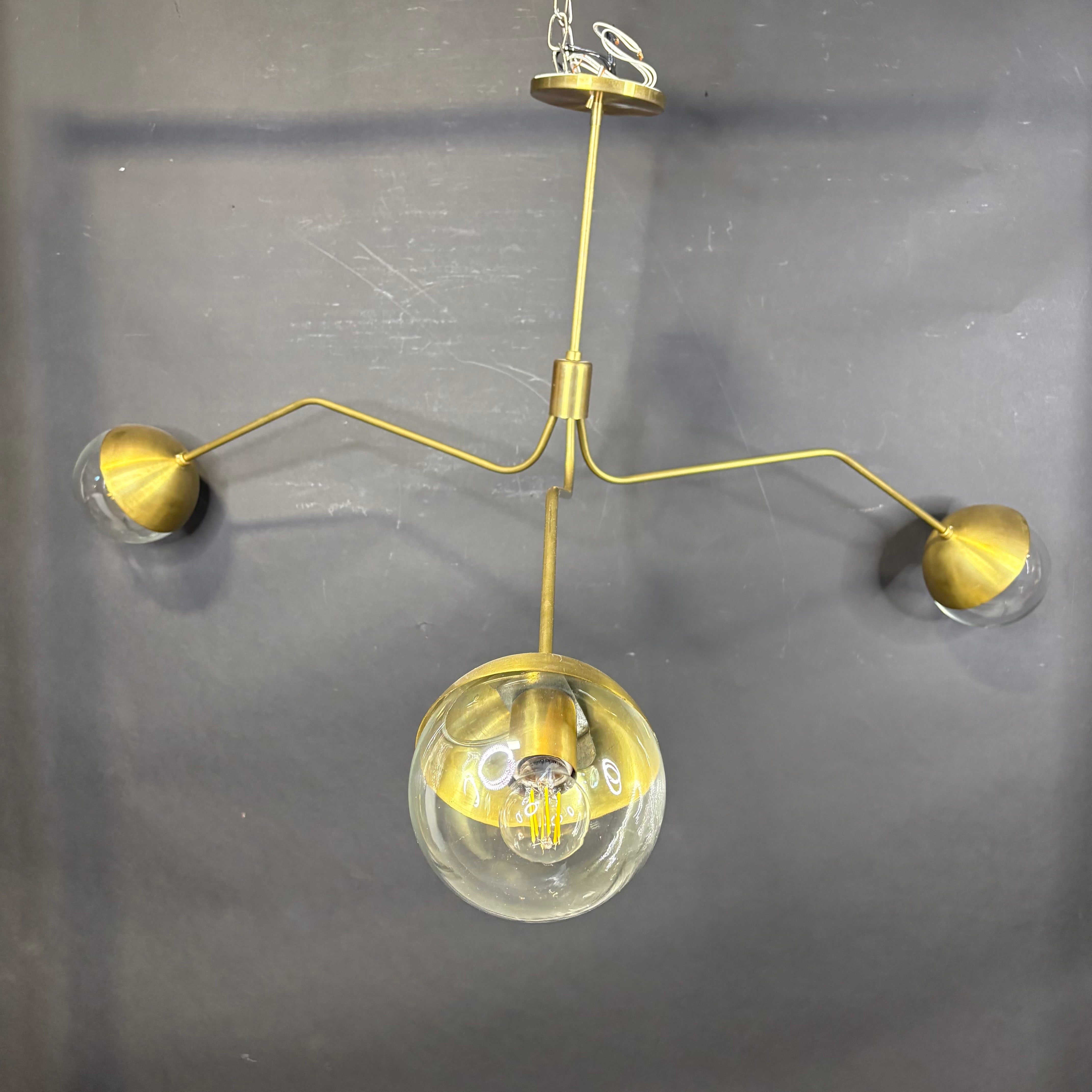 Seven Home Custom 3-Light Mid-Modern Antiqued Brass and Glass Chandeliers 50”x 38”x 24”