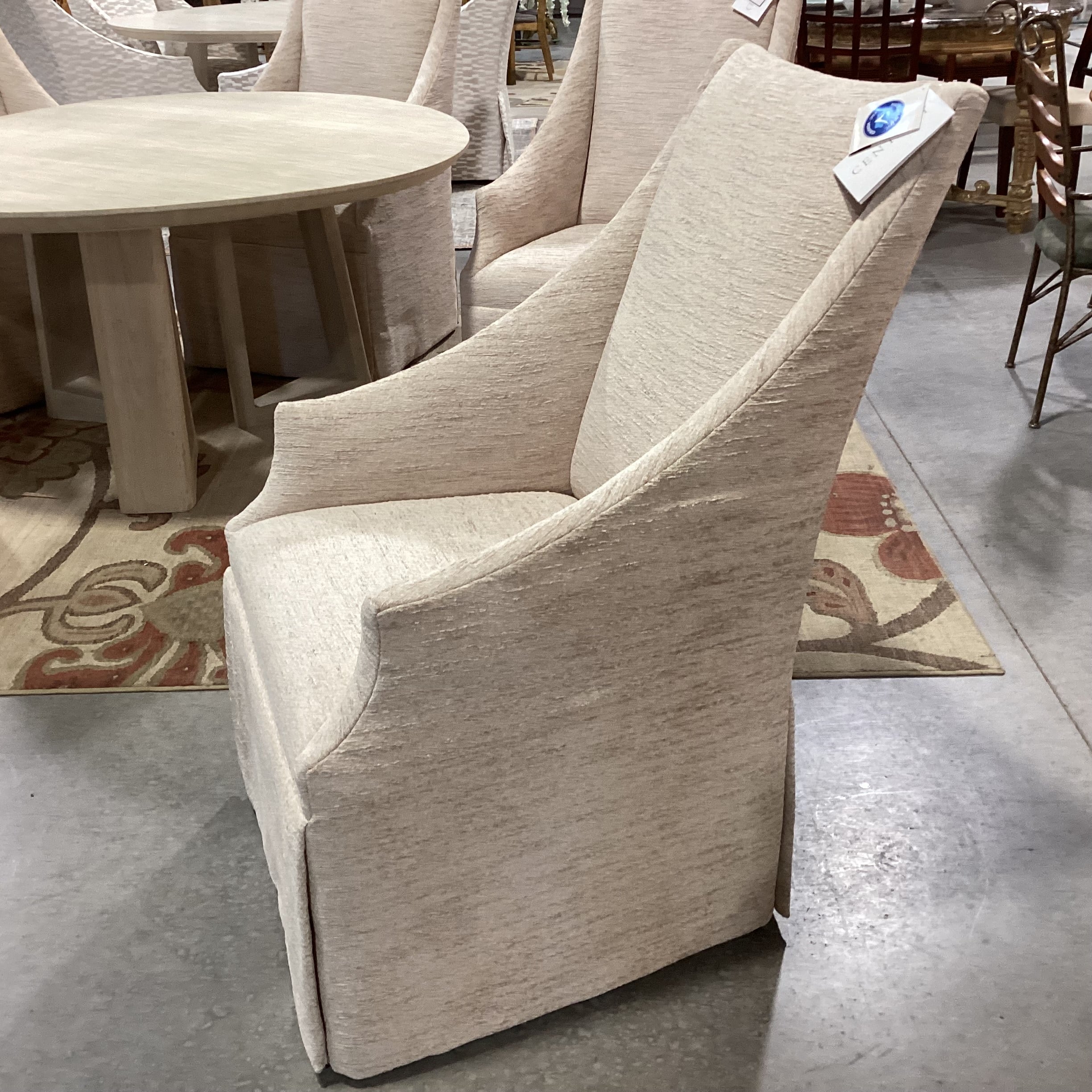 Custom Round Washed Wood & 5 Century Furniture Beige Cream Chenille Woven Slope Arm Chairs Dining Set 60" Diameter x 29"