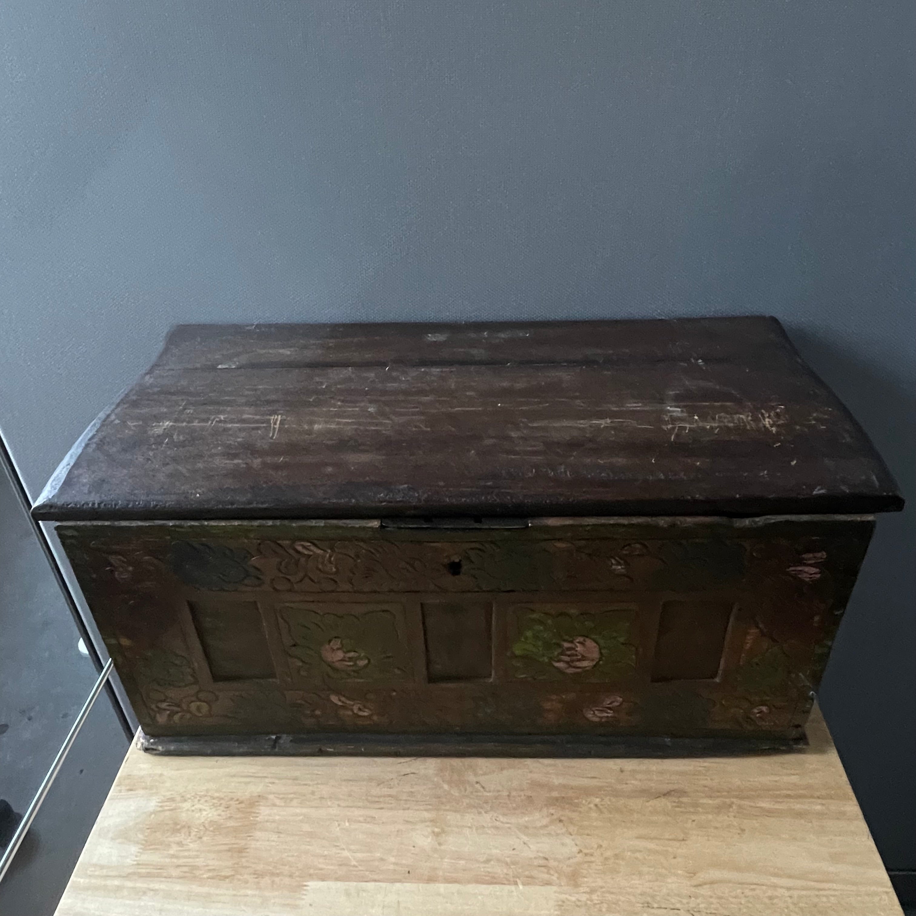 Antique Hand Painted Tibetan Wood, Iron Handles Small Travel Trunk, 23"x 10.5"x 10.75"