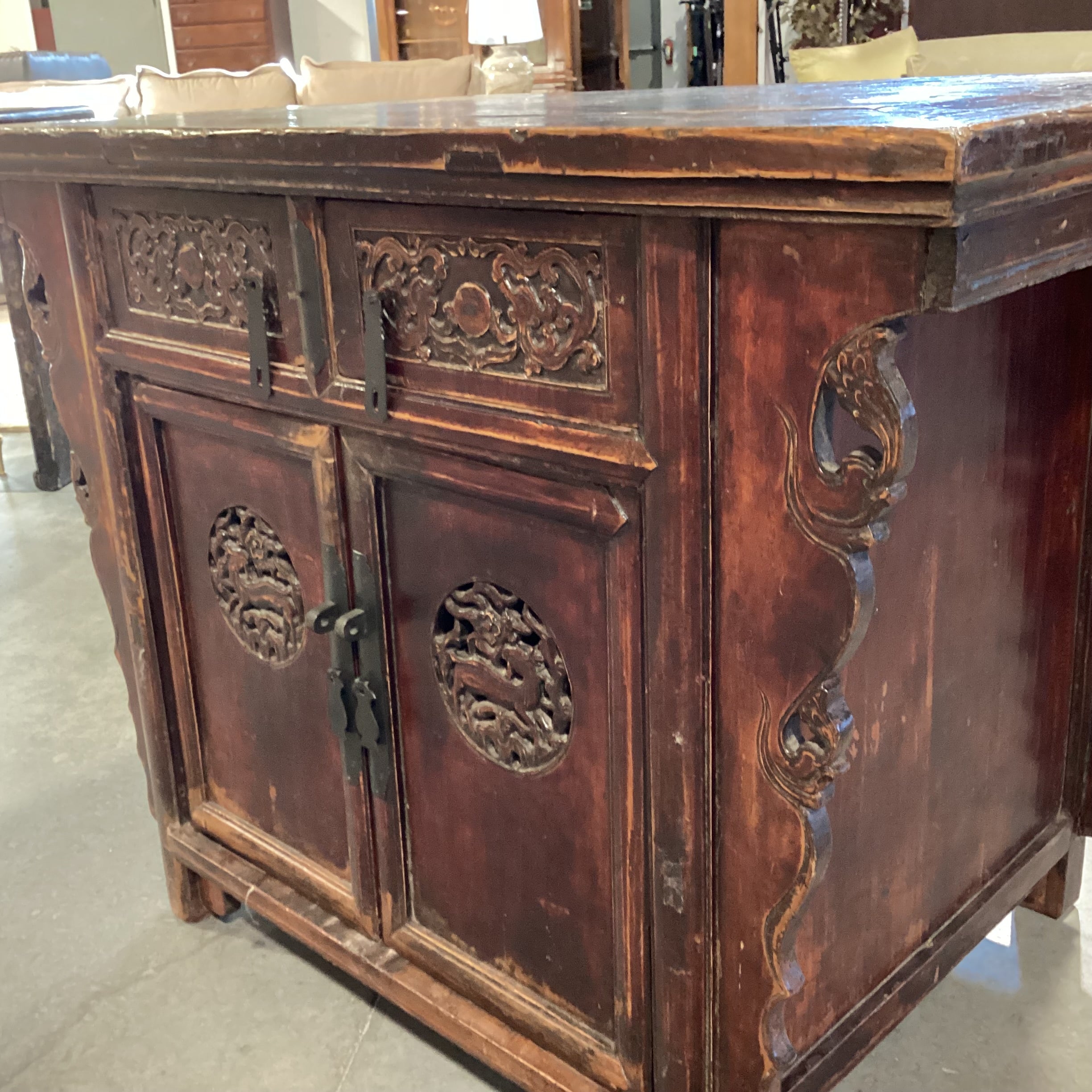 Vintage Antique Asian Carved Wood 2 Door 2 Drawer Alter Cabinet Console 43"x 27.5"x 34"