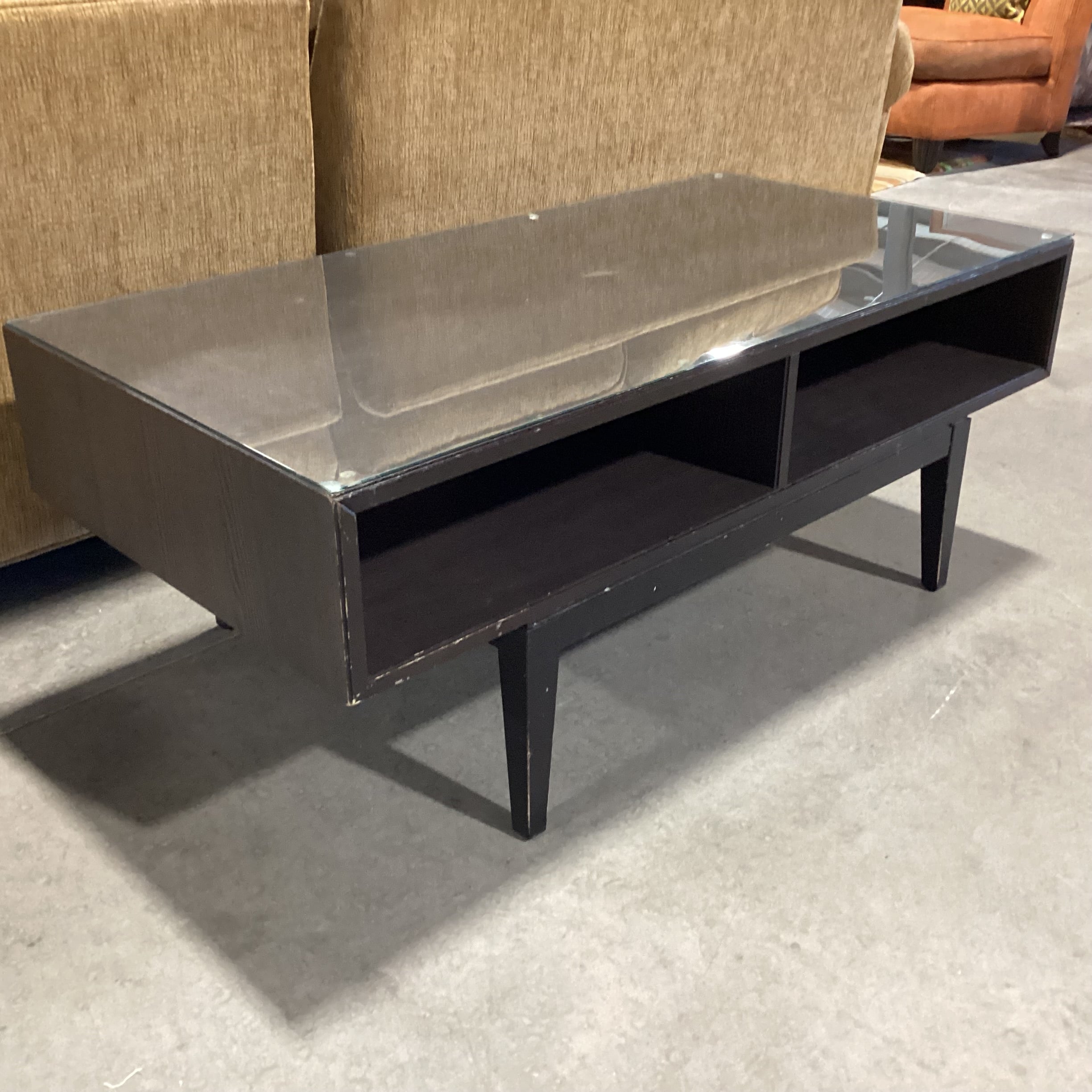 Mid Century Style Dark Wood & Veneer 2 Cubby Glass Top Coffee Table 46.5"x 23.5"x 18.5"