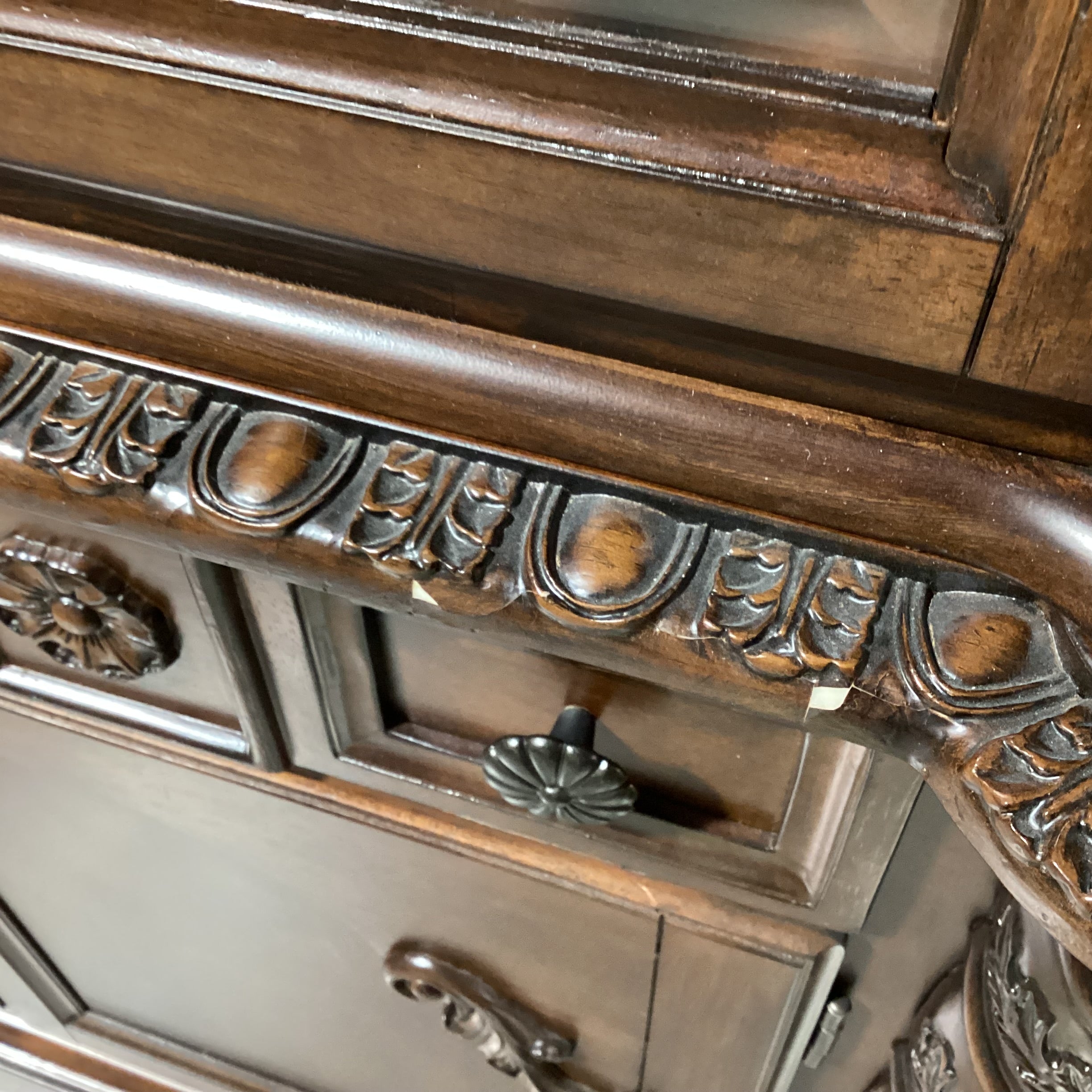 Ashley Furniture North Shore Ornate Carved Wood & Glass 2 Piece China Hutch 71"x 19"x 91"