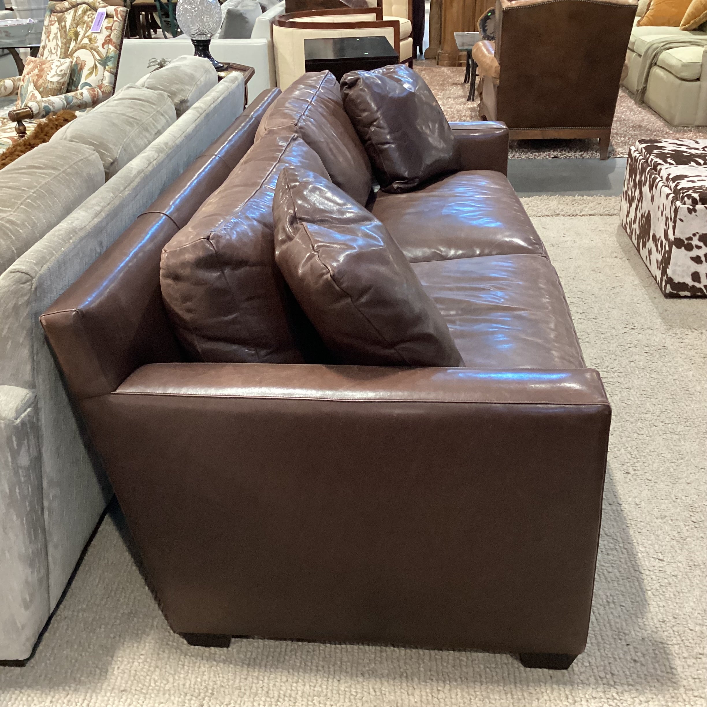 Baker Furniture Brown Leather Down Mix Track Arm with Accent Pillows Sofa 86"x 40"x 30"