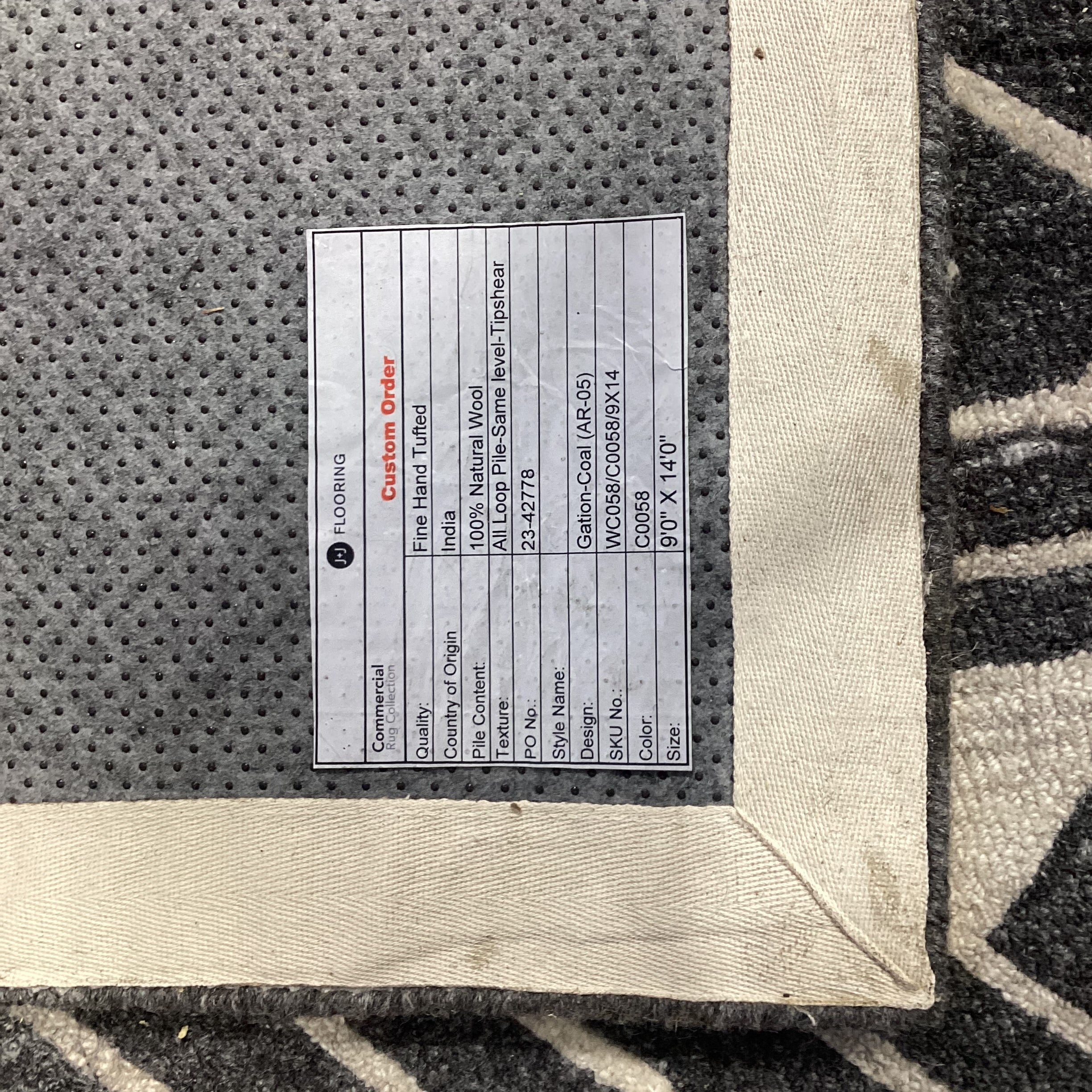 J&J Flooring Custom Fine Hand Tufted Gation Coal All Loop Natural Wool Rug 9'x 14'