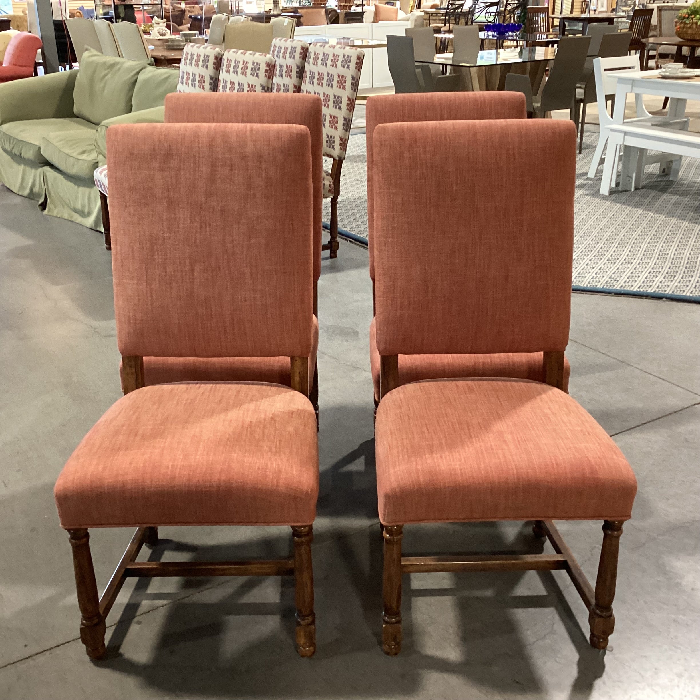 Set Of 4 Carved Wood Red Orange Woven Linen Dining Chairs 21"x 20"x 42.5"