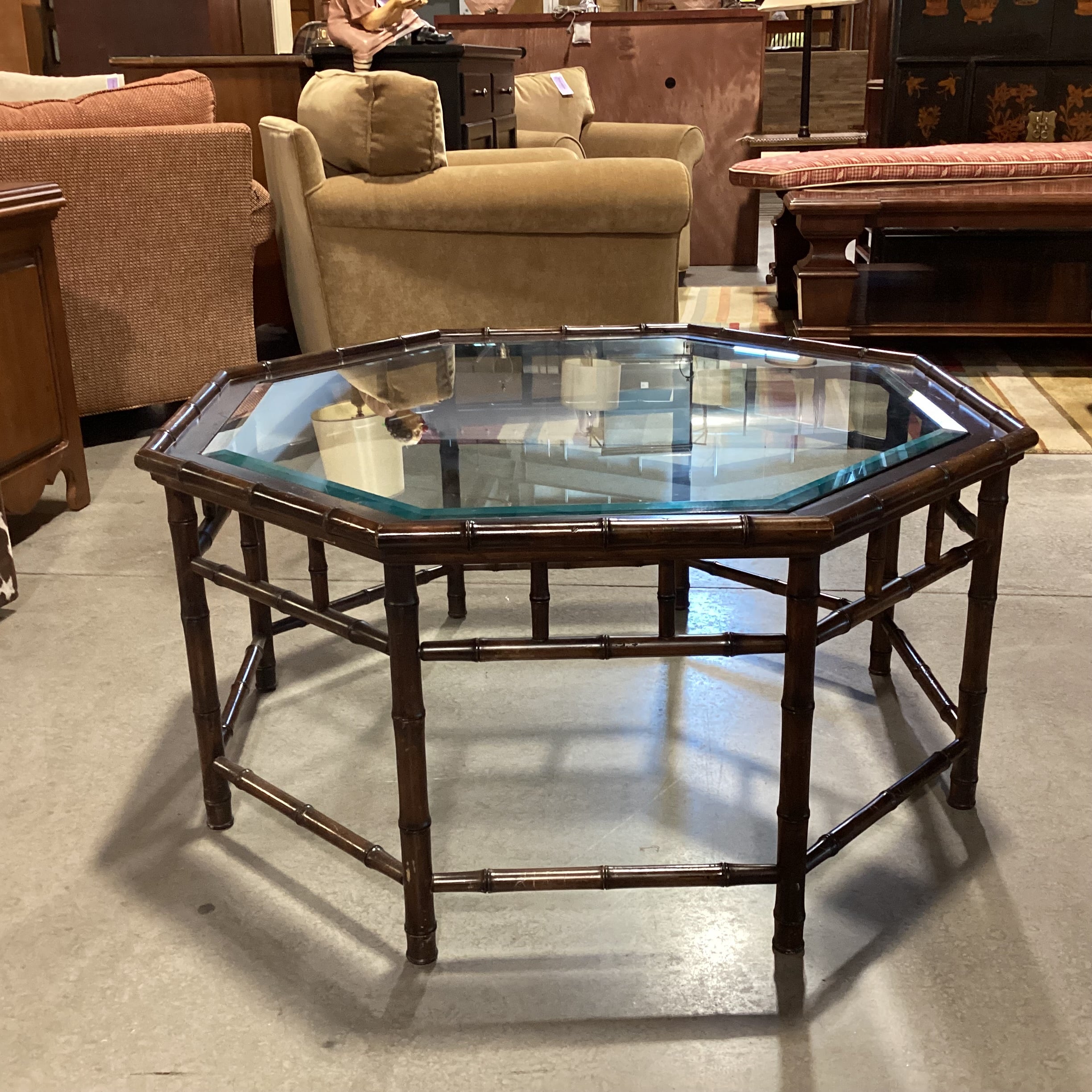 Vintage Hollywood Regency Bamboo Style Wood & Glass Octagonal Coffee Table 40.5"x 40.5"x 20"