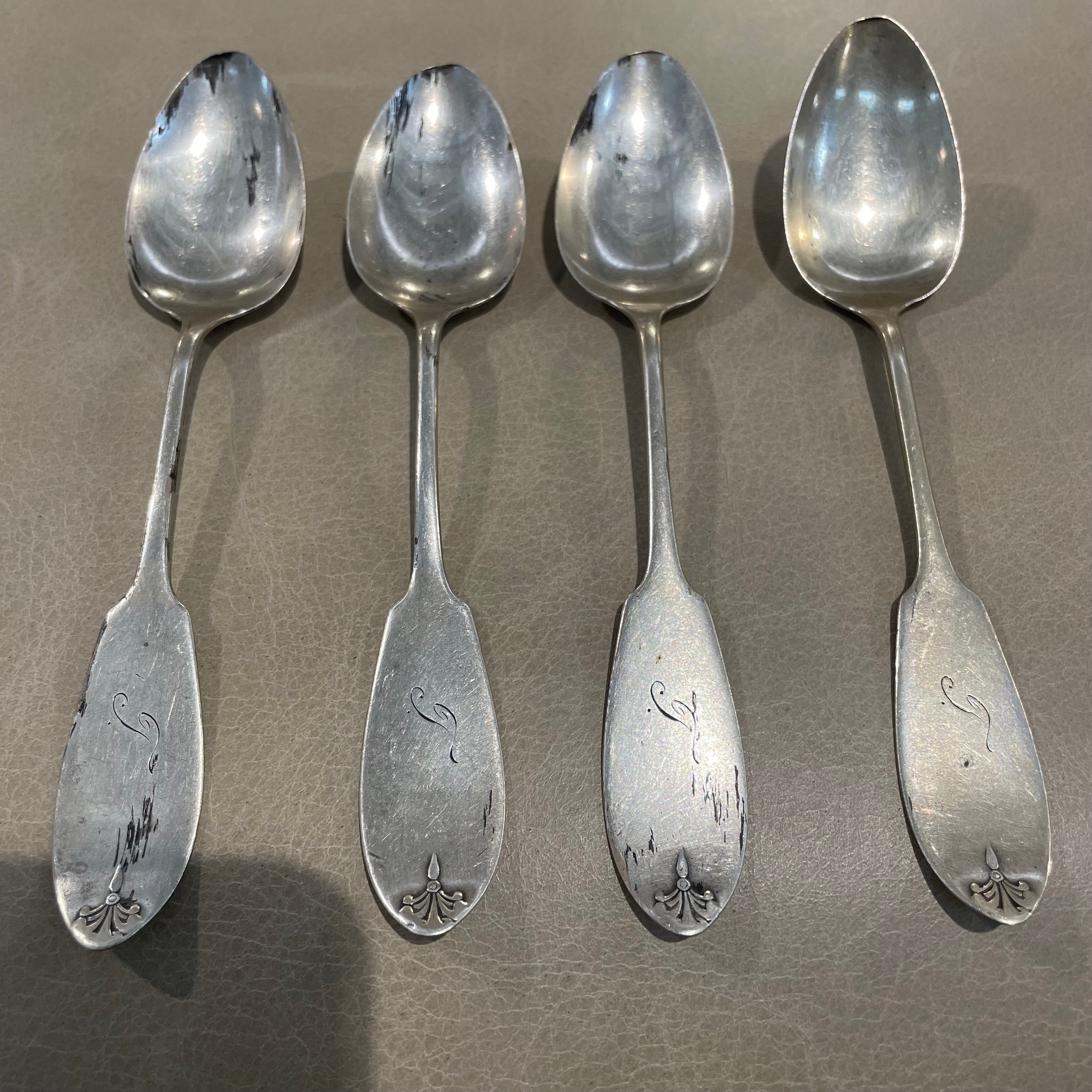 Set of 4 Antique Sterling Silver Fiddle Tipt Dessert Spoons, 5.25"