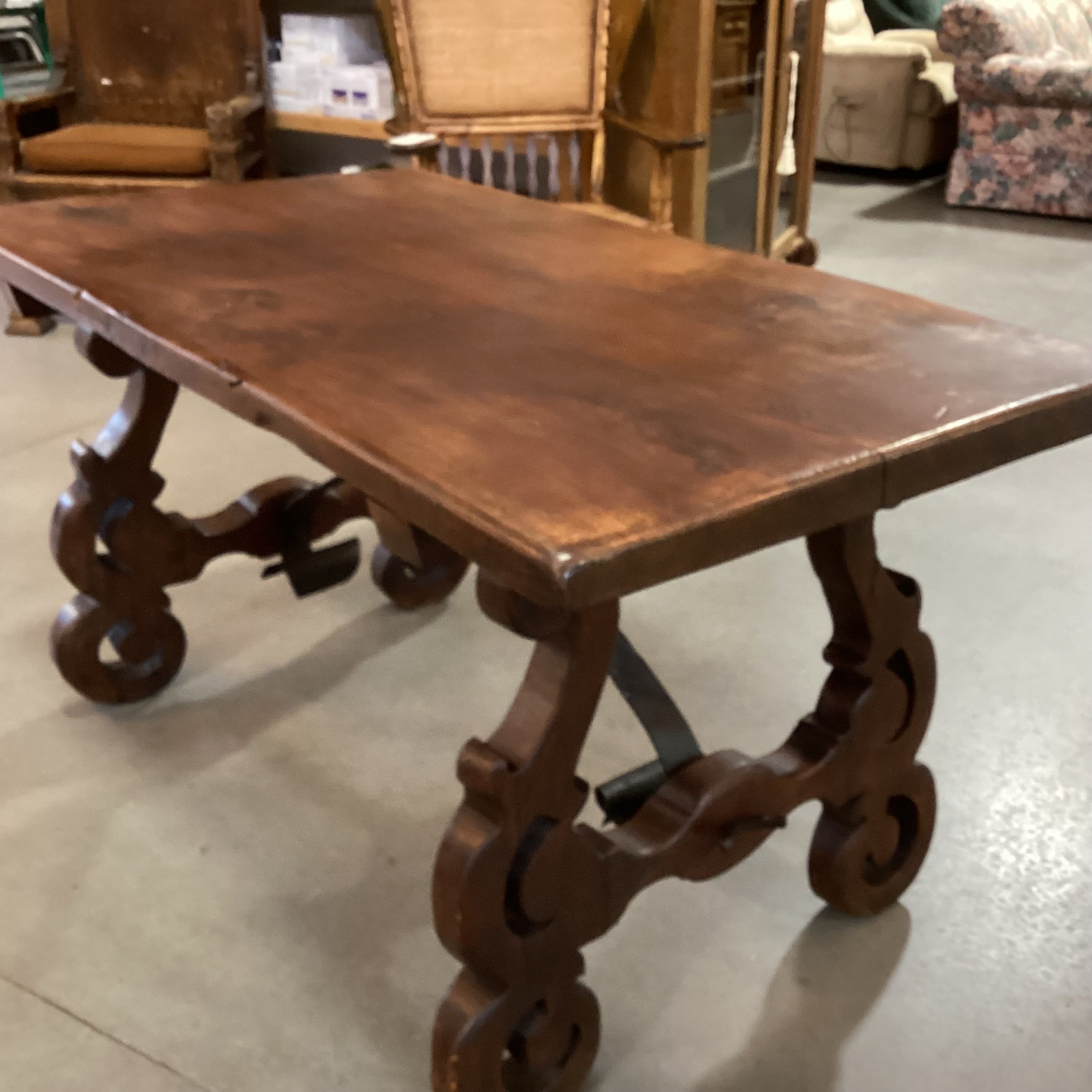 Vintage Antique Solid Wood Carved Side Legs & Iron Stetchers Trestle Accent Table 55"x 31"x 29"