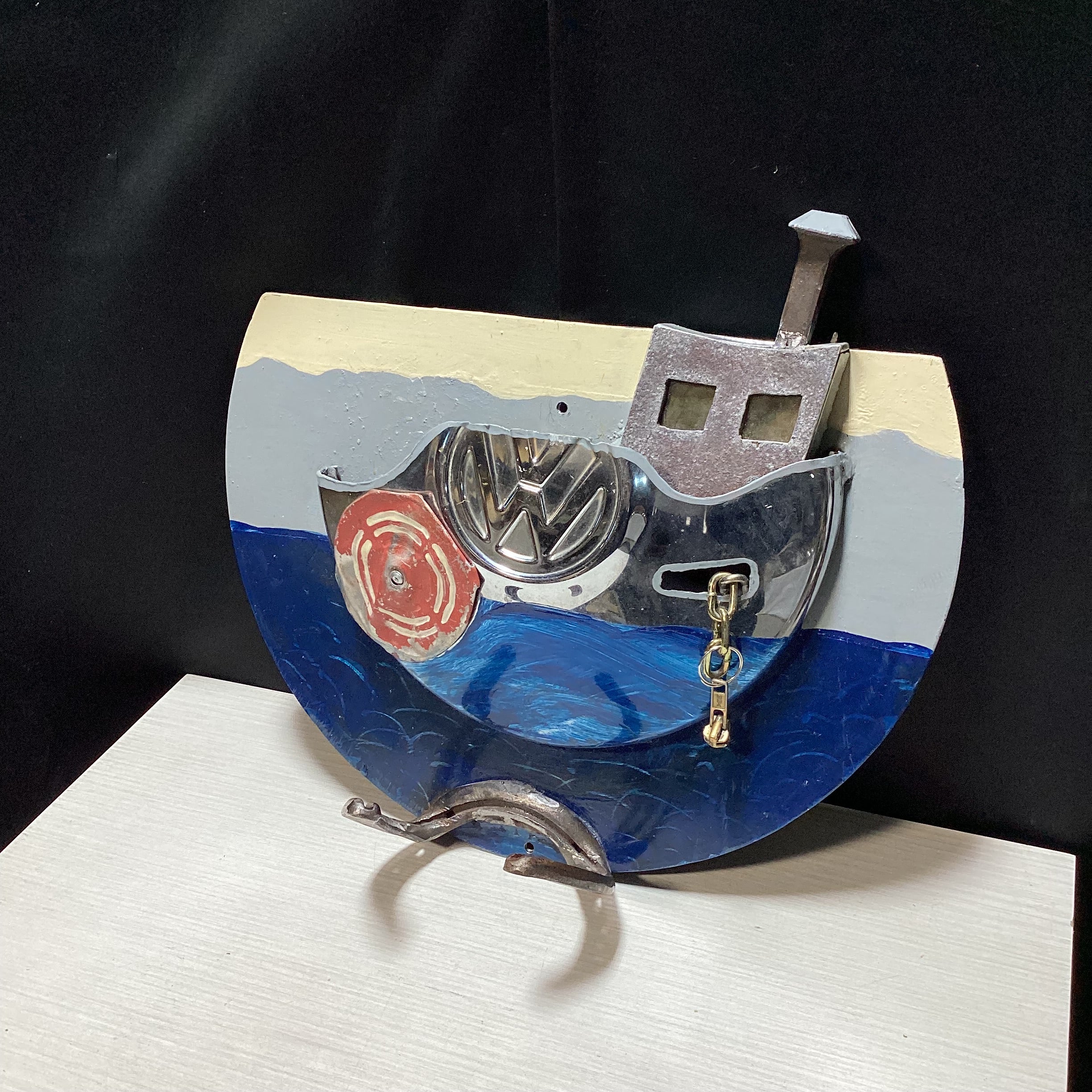Gwendolyn Signed Handmade Mixed Media VW Fishing Boat Wall Hook 13" x 14"