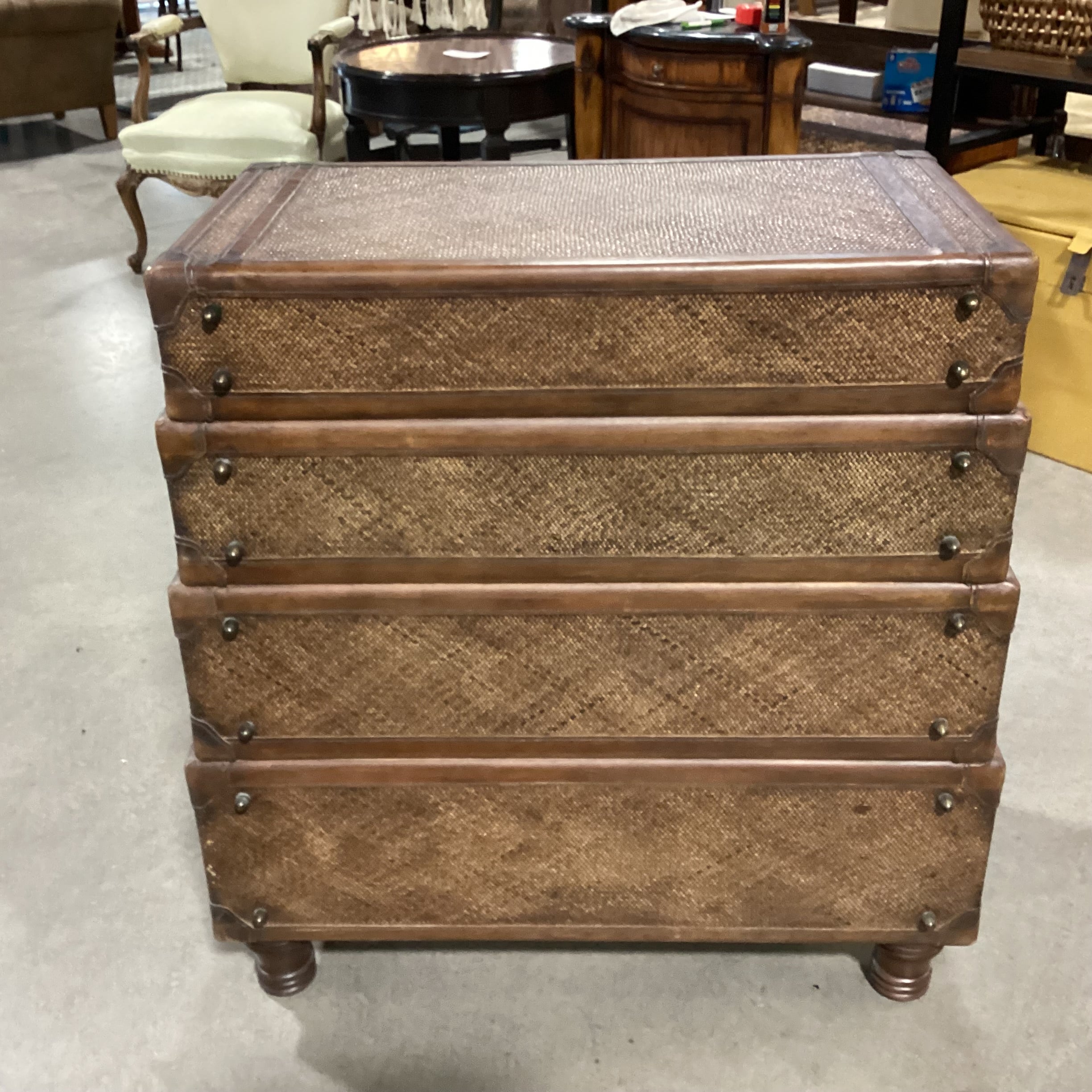 Maitland Smith Style Rattan Woven & Leather 4 Drawer Trunk Style Chest 34"x 19"x 36" Chest