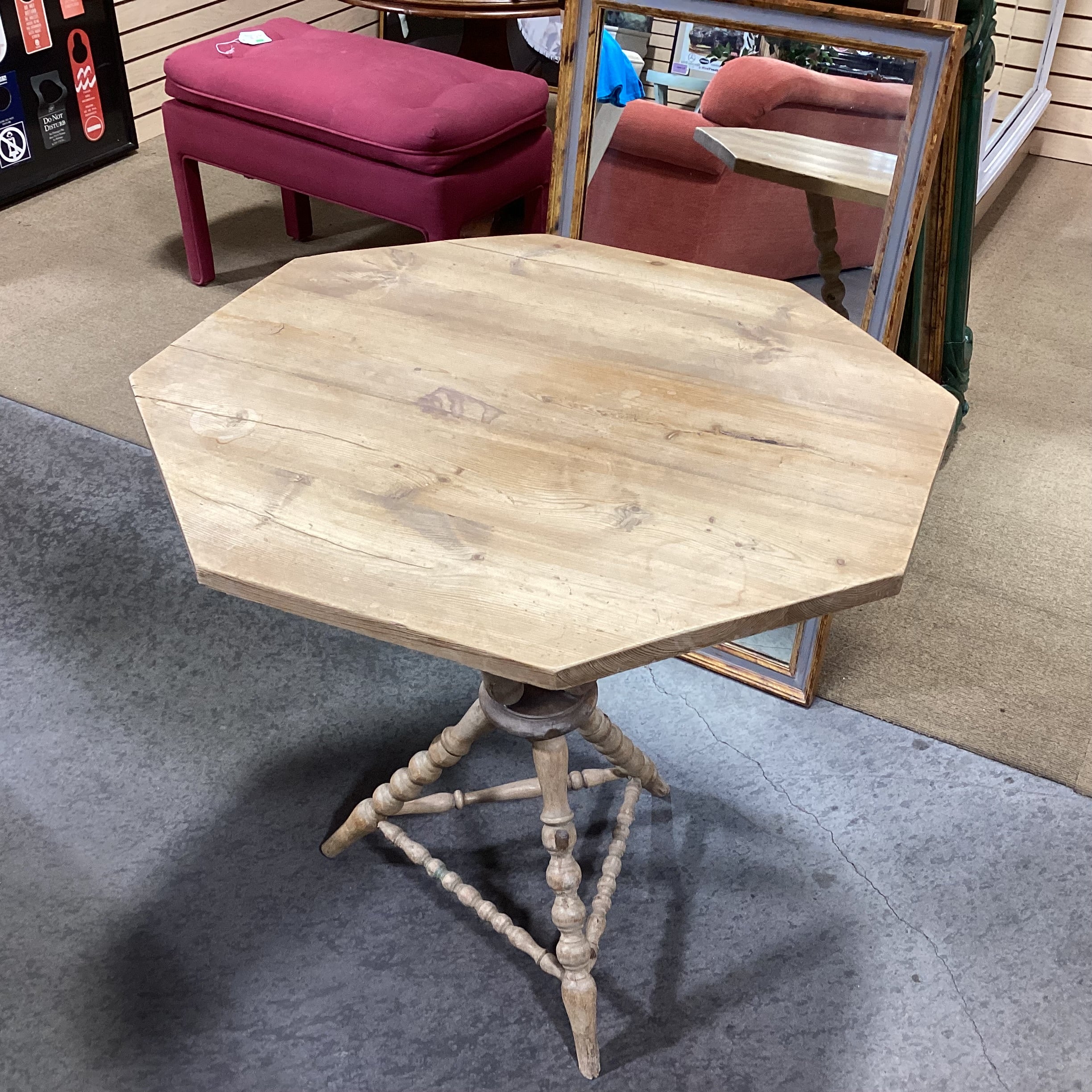 Antique Natural Pine Spindle Carved Tri Leg Octagon Top Accent Table 28.5"x 28.5"x 29.5"