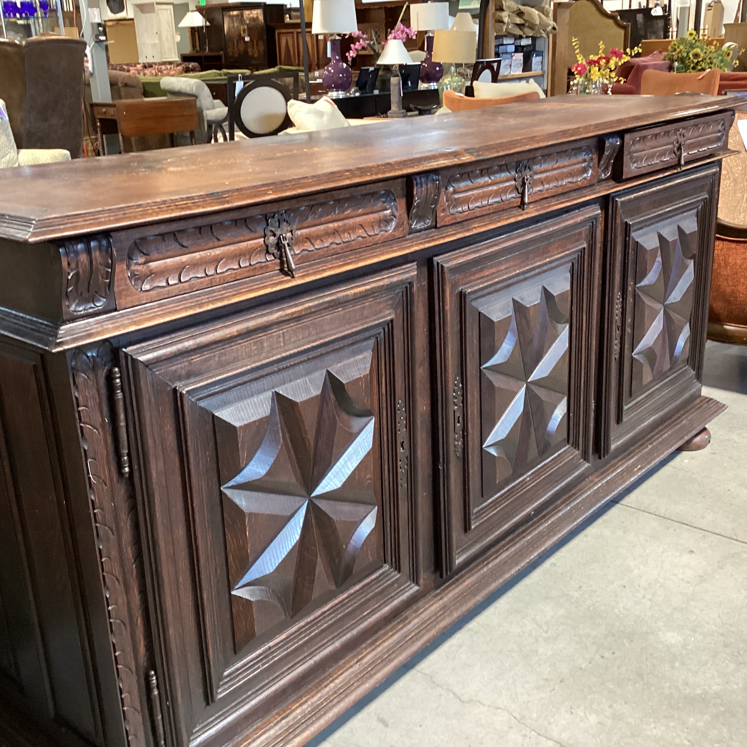 Antique Solid Carved Finished Oak 3 Drawer 3 Door Credenza 83"x 22"x 39"